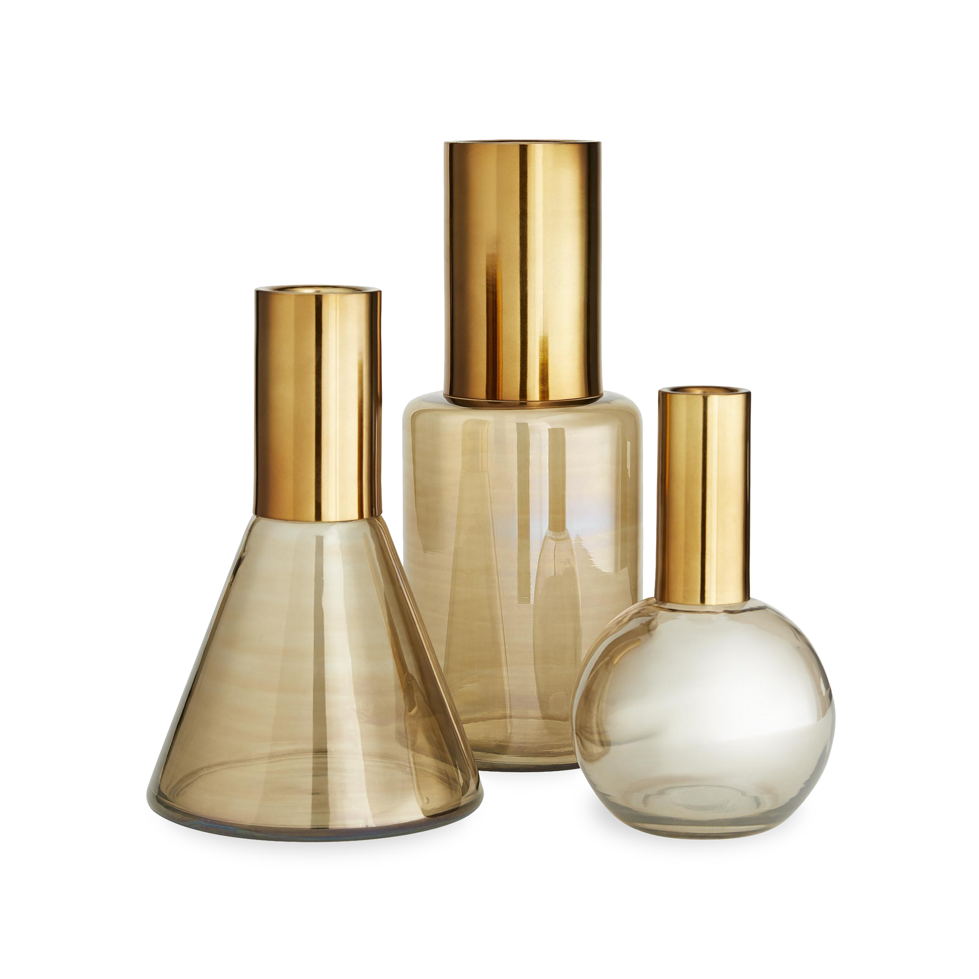 Modern in form, smoke luster glass with antique brass necks unite to create each individually shaped piece.