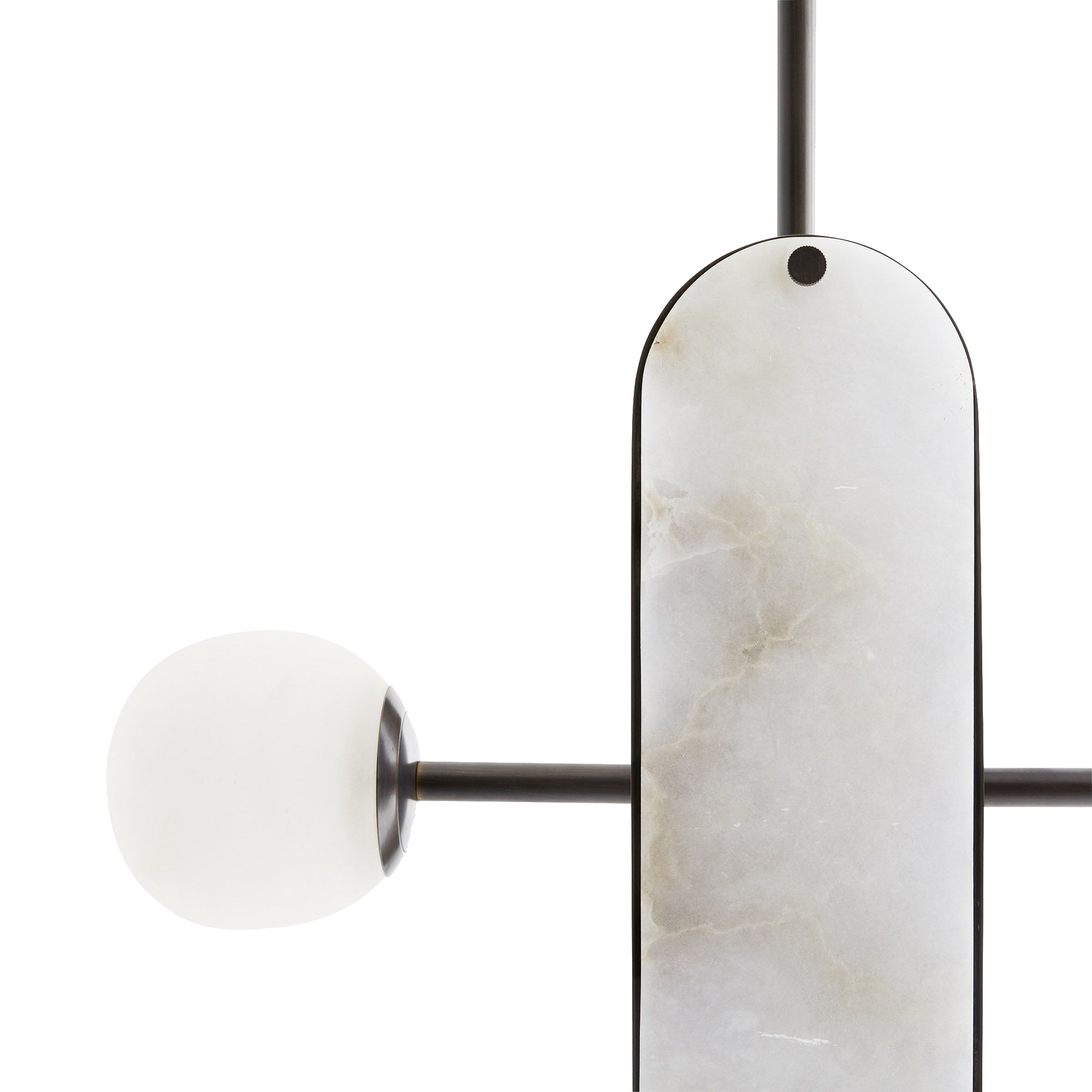 The Maradona Chandelier is styled in English bronze with an iron frame and white alabaster shades.