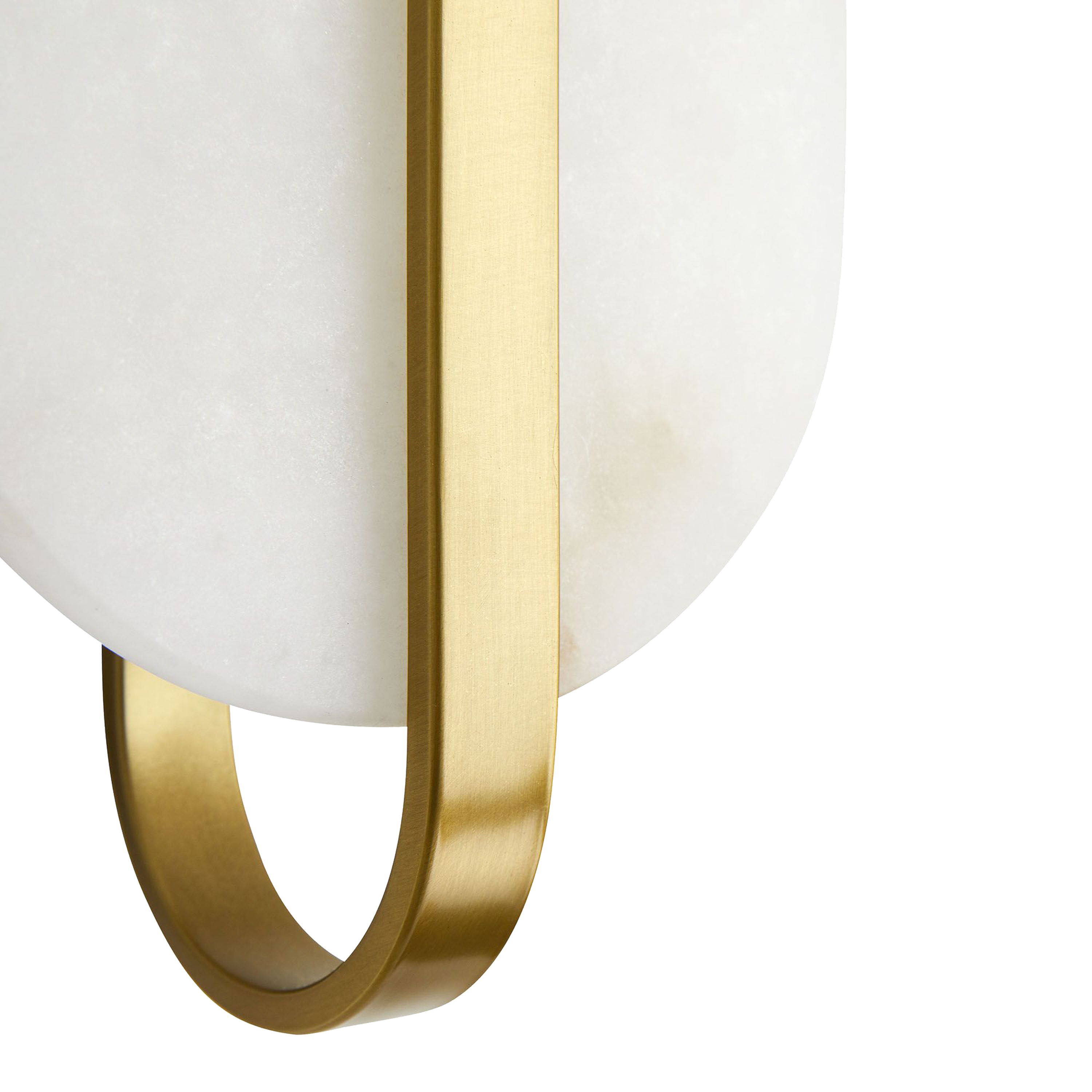 The Julius is a classically-modern design showcasing a capsule-shaped white alabaster foundation, met with an antique brass steel bracket perfectly centered.