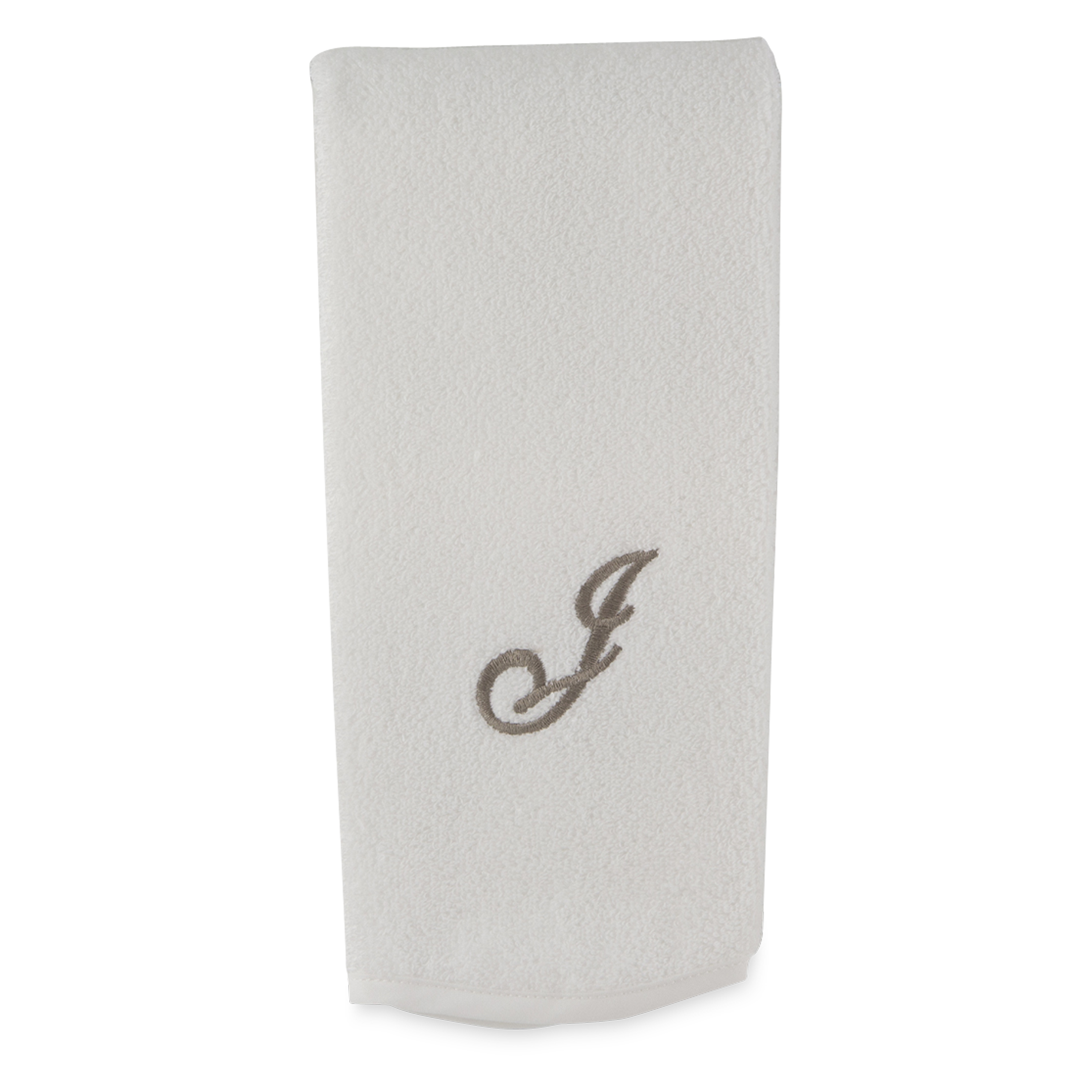 Monogrammed guest towel made of 100% white cotton with pewter/grey embroidered monogram.