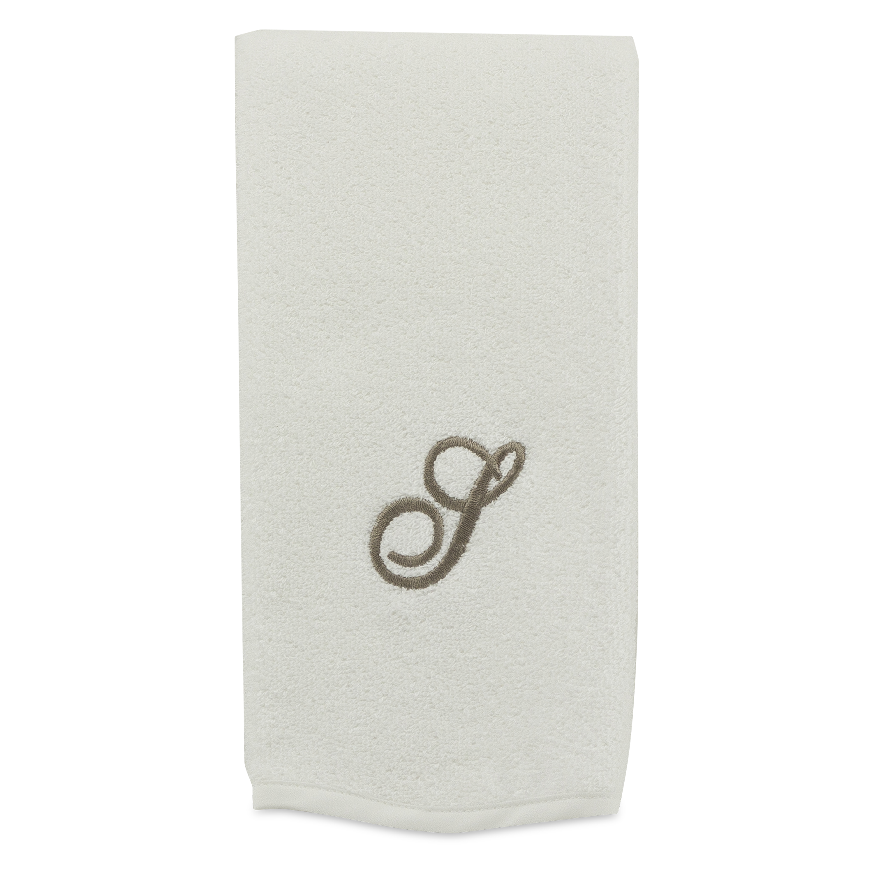 Monogrammed guest towel made of 100% white cotton with pewter/grey embroidered monogram.