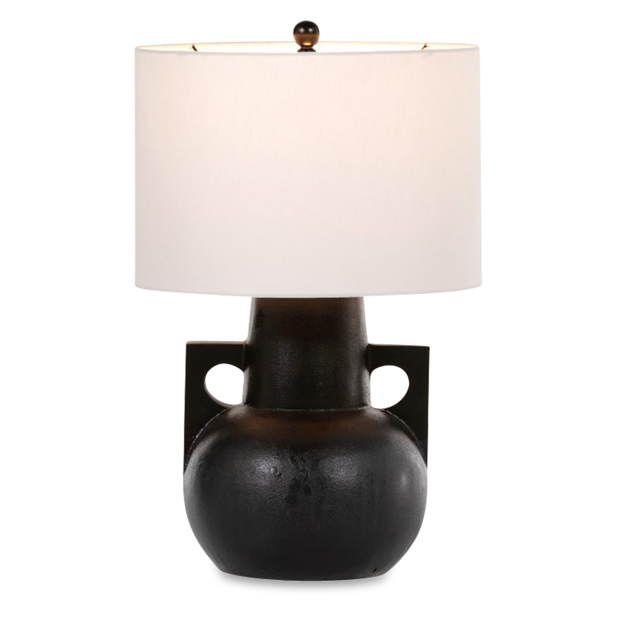 The Asher Table Lamp is finished in a modern matte black, cast aluminum forms a unique, shapely base, topped by a white cotton shade for contrast.