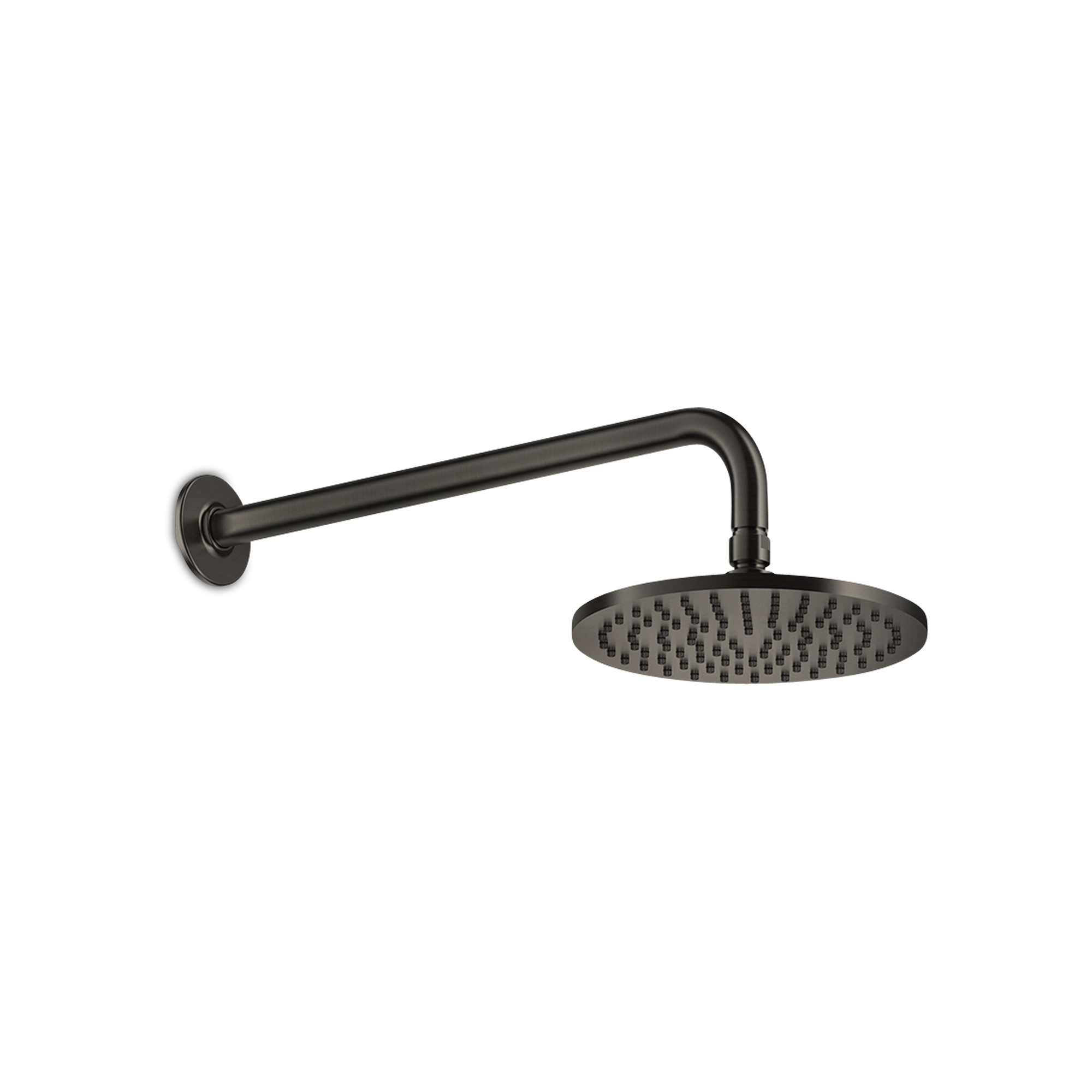 A circular wall mounted showerhead with gentle curves and an industrial vibe.