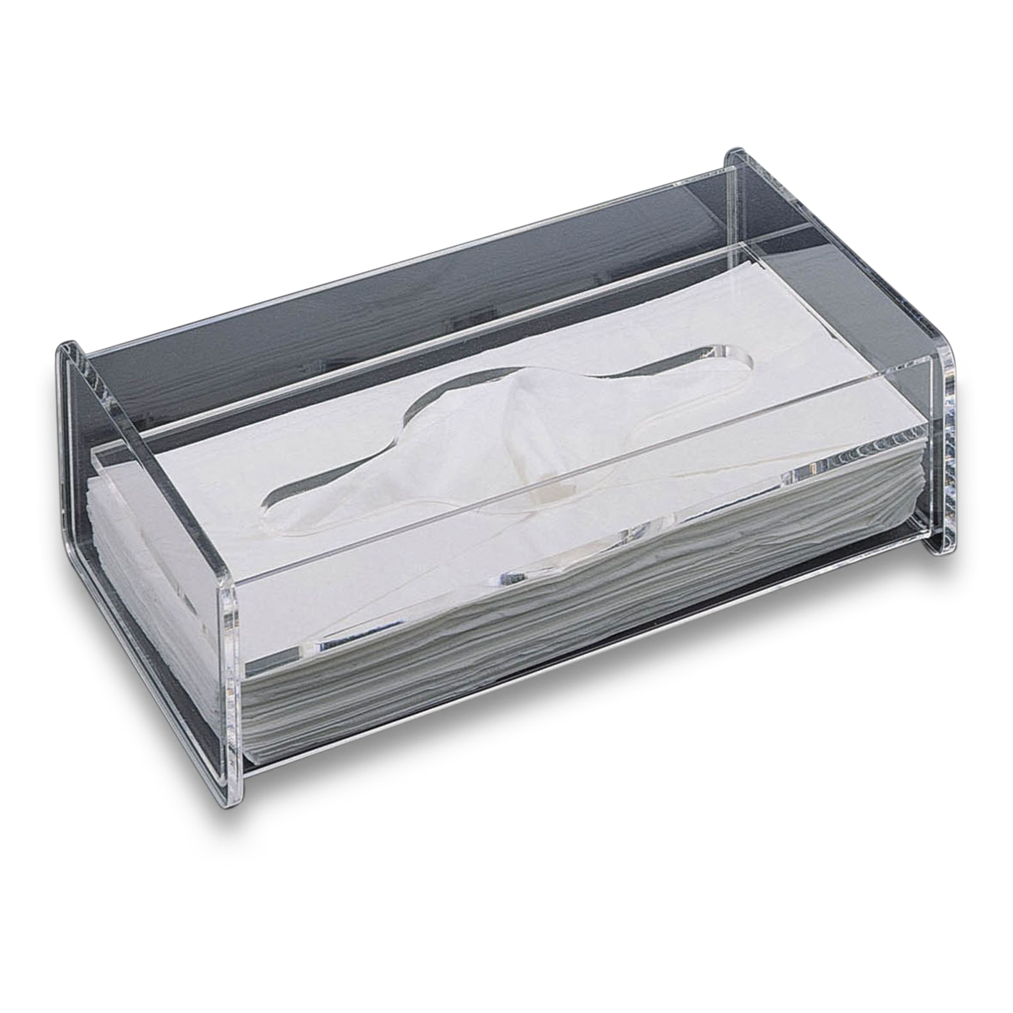 A clear acrylic tissue box that will add a modern touch to any bathroom.