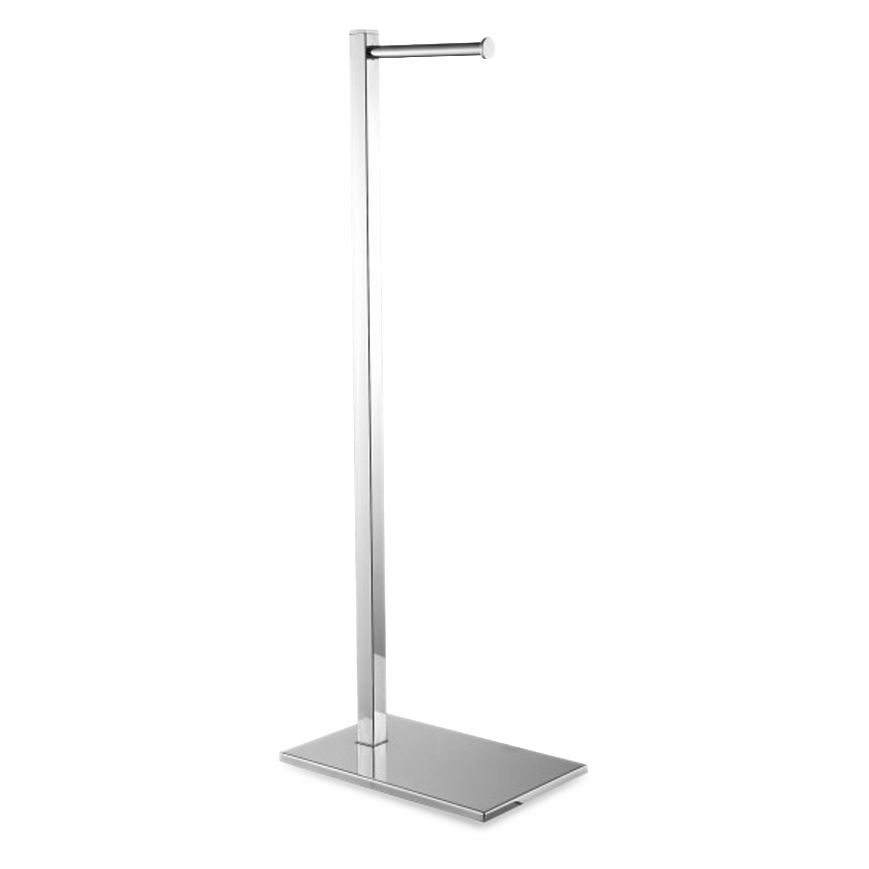 A freestanding toilet paper holder in a chrome finish.