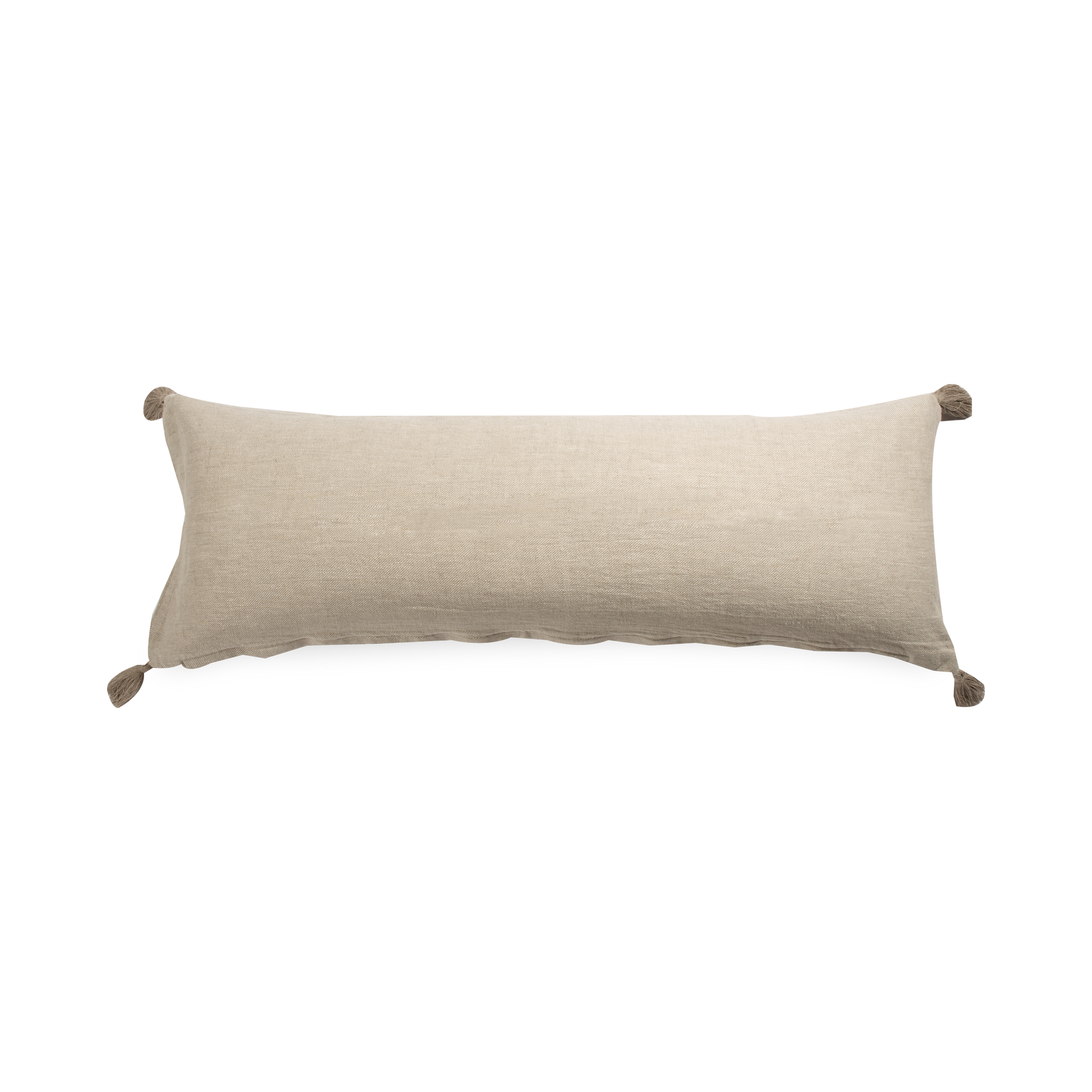 This pillow features a stone-washed linen cover in a flax hue with a tassel in each corner.