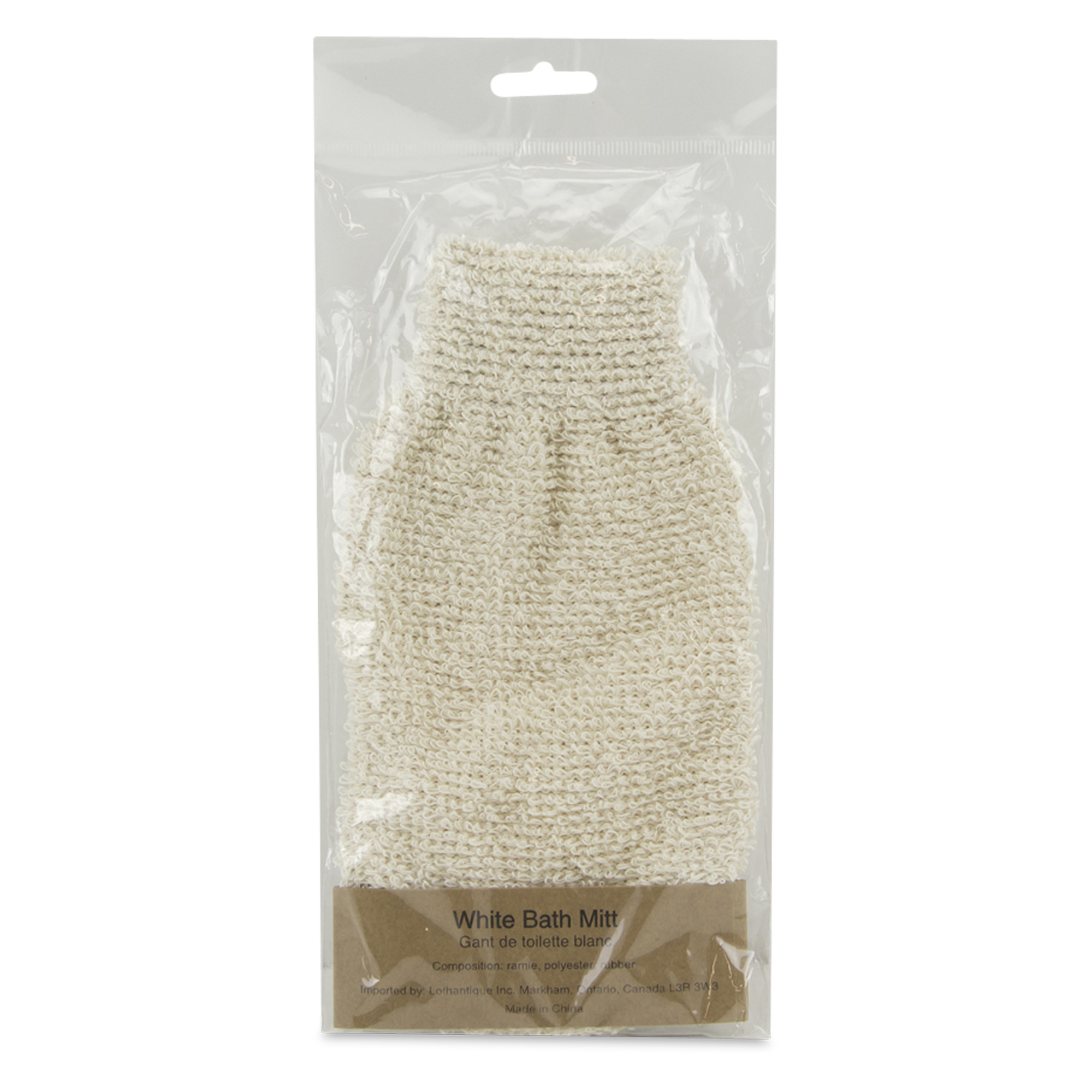 Bath mitt is made of ramie, cotton, polyester and rubber.