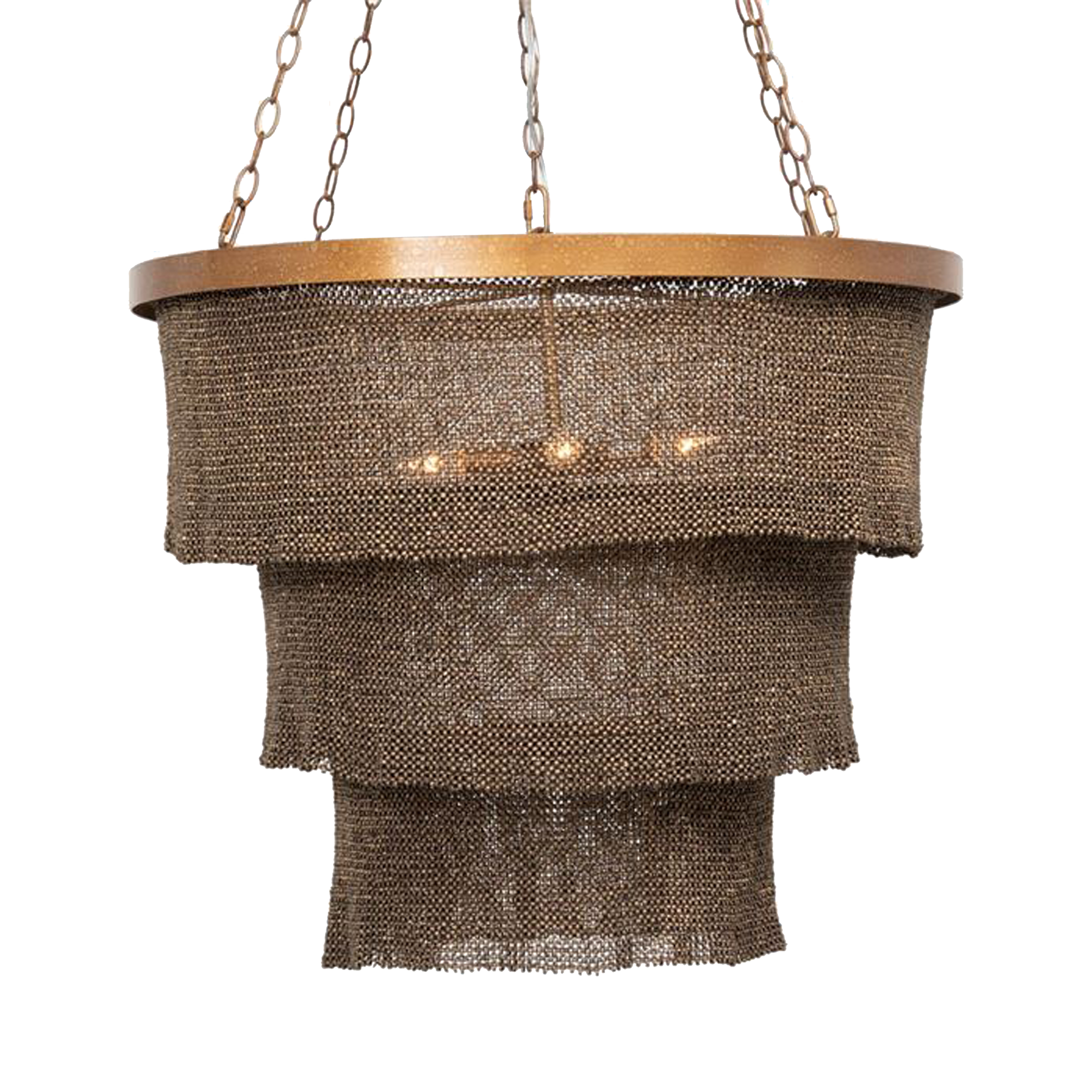 The Tiered Coco Bead Chandelier is made of woven coco beads forming three concentric rings that drop and overlap one another with a ruffle edge.