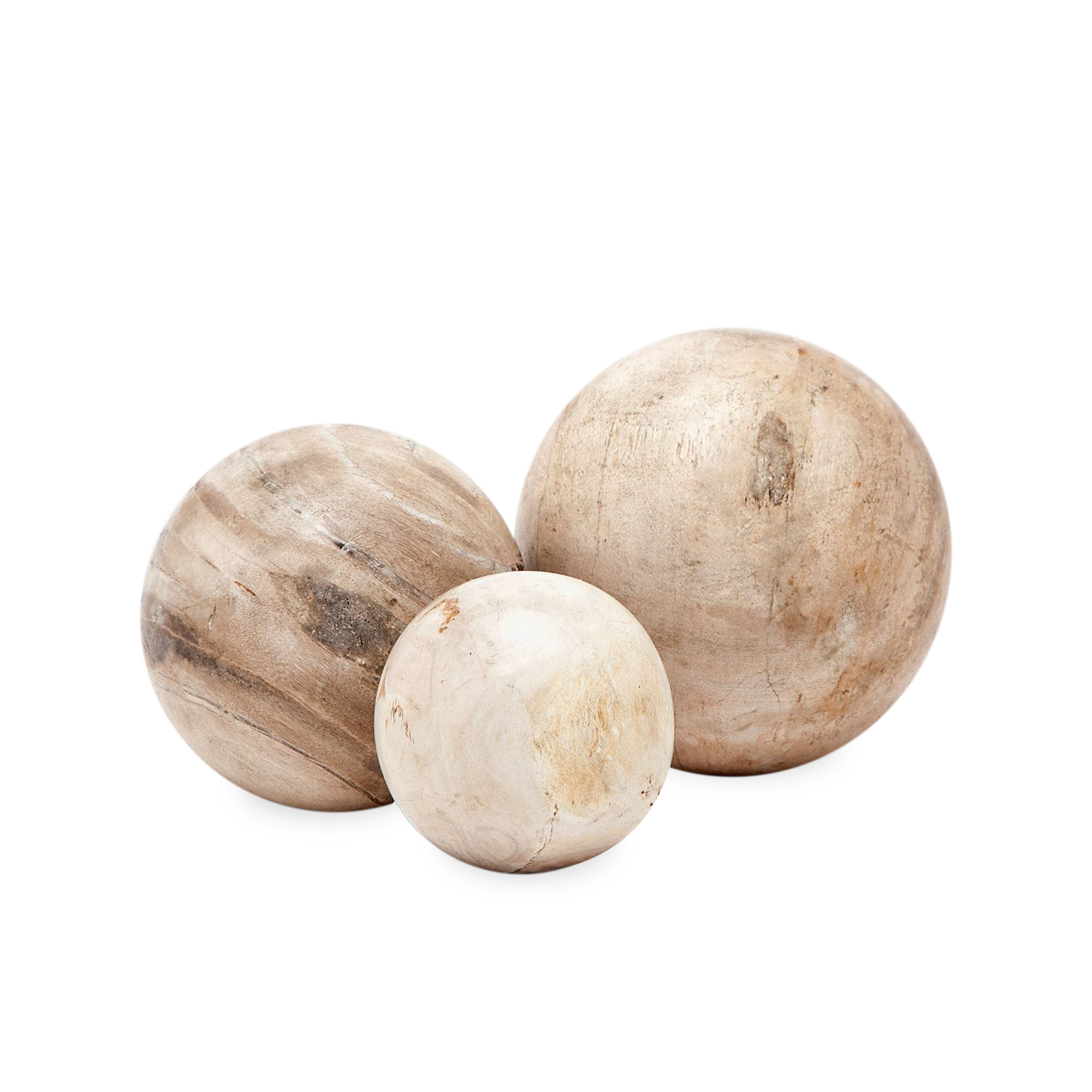These one-of-a-kind spherical accents are the all-natural results of petrified wood.