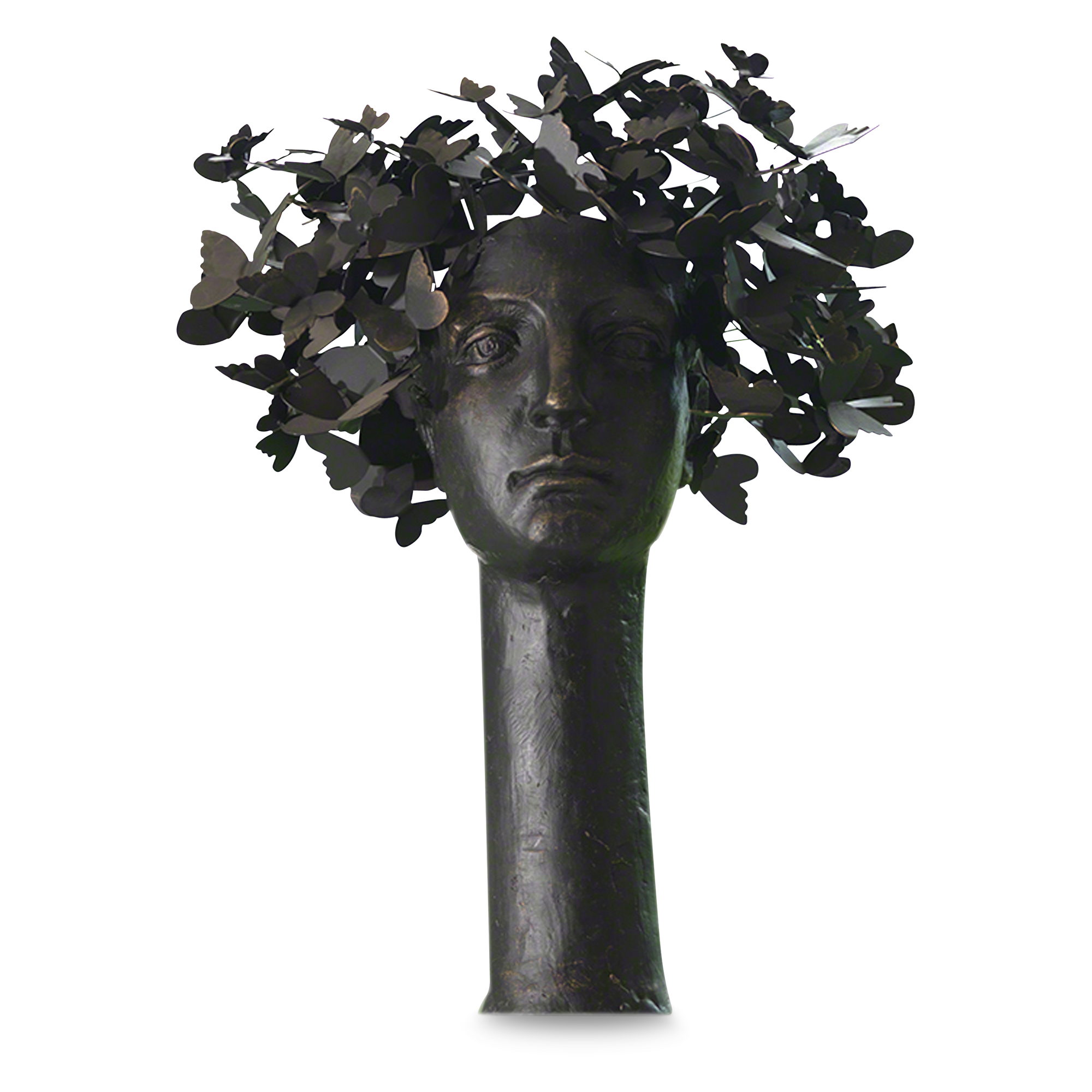 With a iconic and unique design, this scupture features hundreds of hand applied iron butterflies on a femine scupture portrait that sits atop an iron bust.