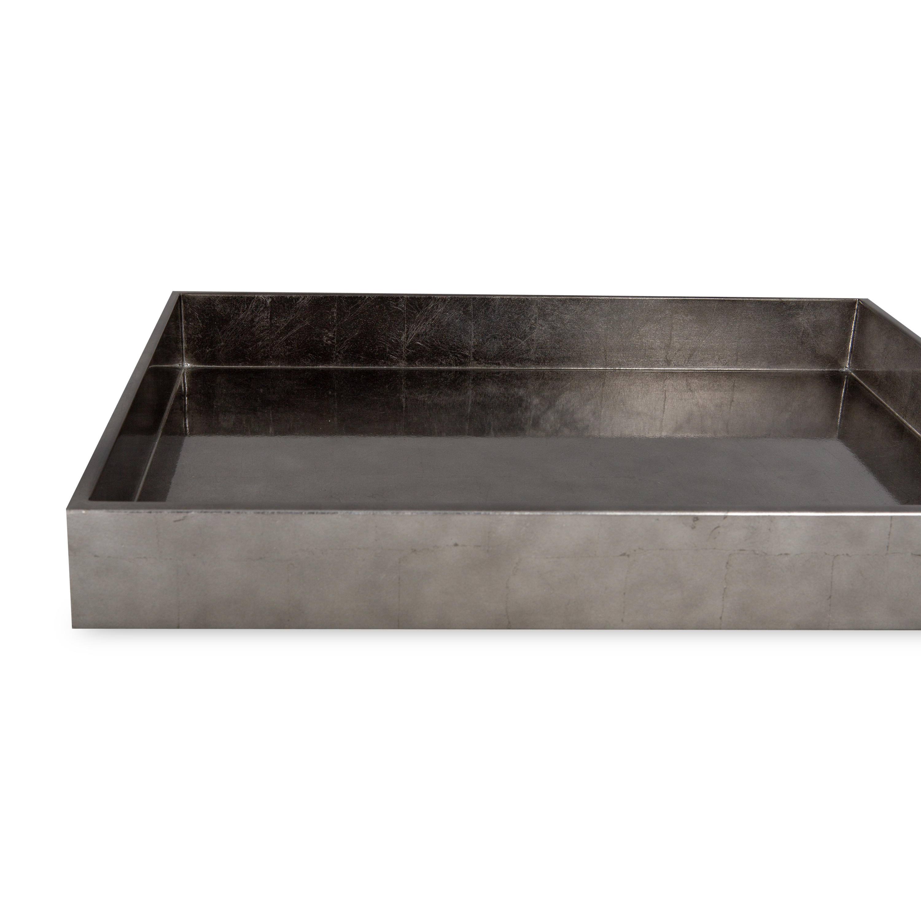 This elegant tray features a gunmetal silver leaf finish.