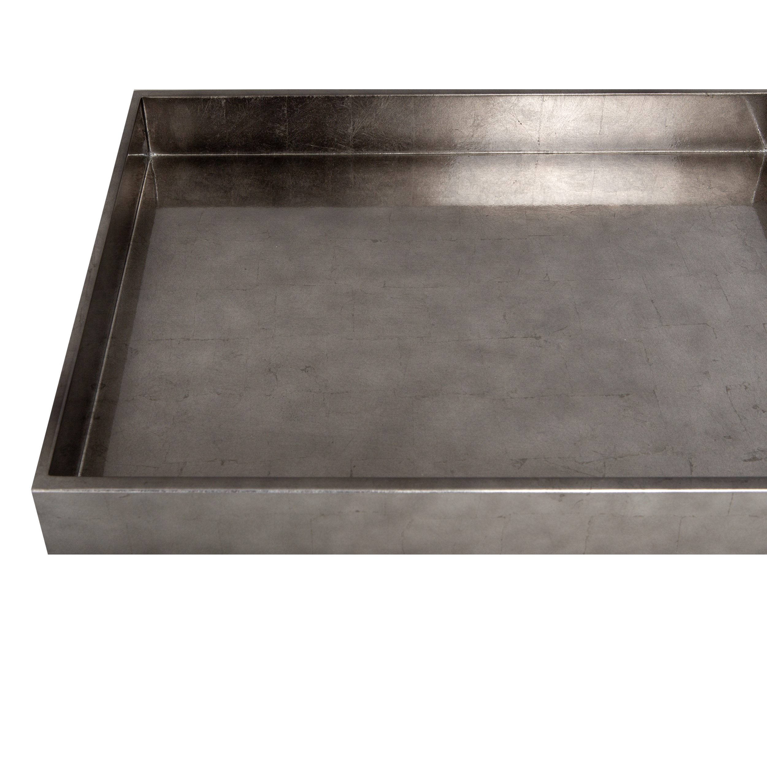 This elegant tray features a gunmetal silver leaf finish.