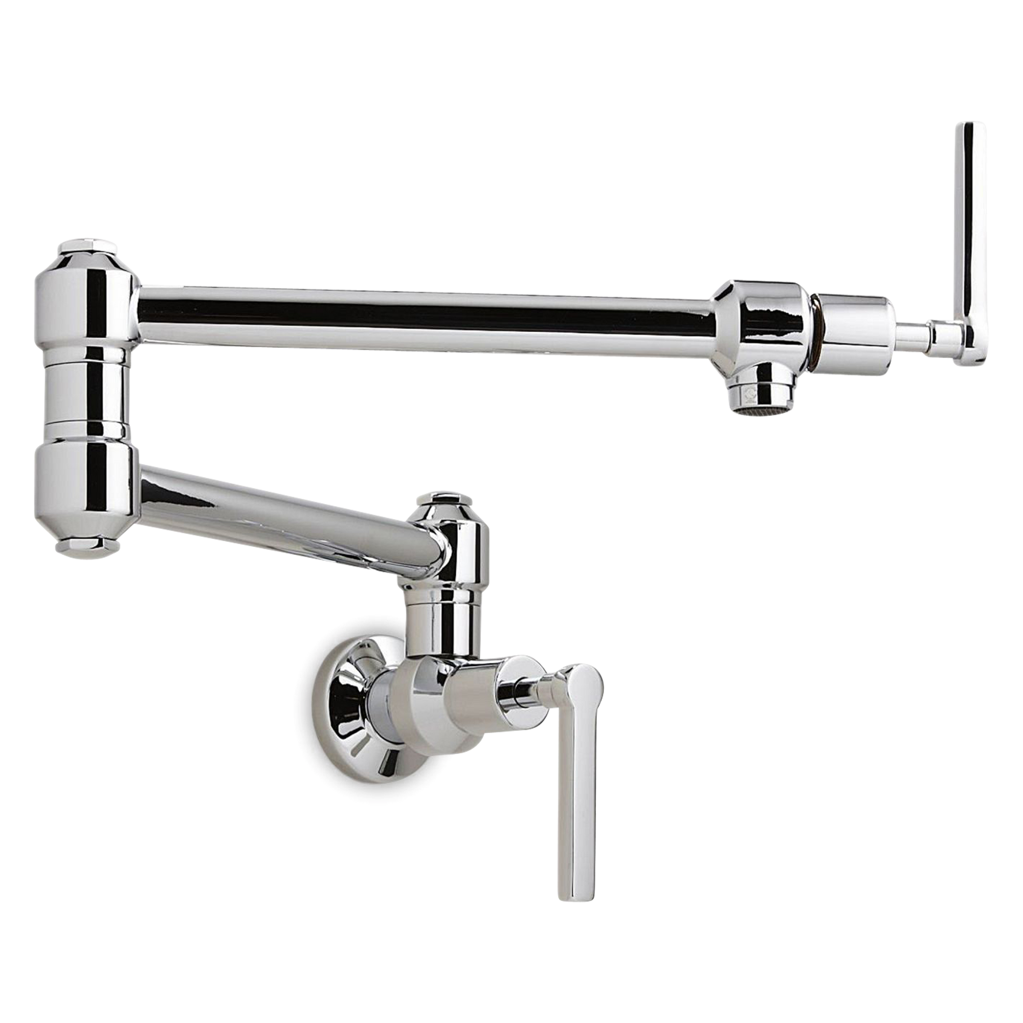 The Avenue pot filler is a sleek, industrial style, wall-mounted faucet featuring double shut-offs, and a maneuverable swing arm that eliminates the need to reach over hot burners.