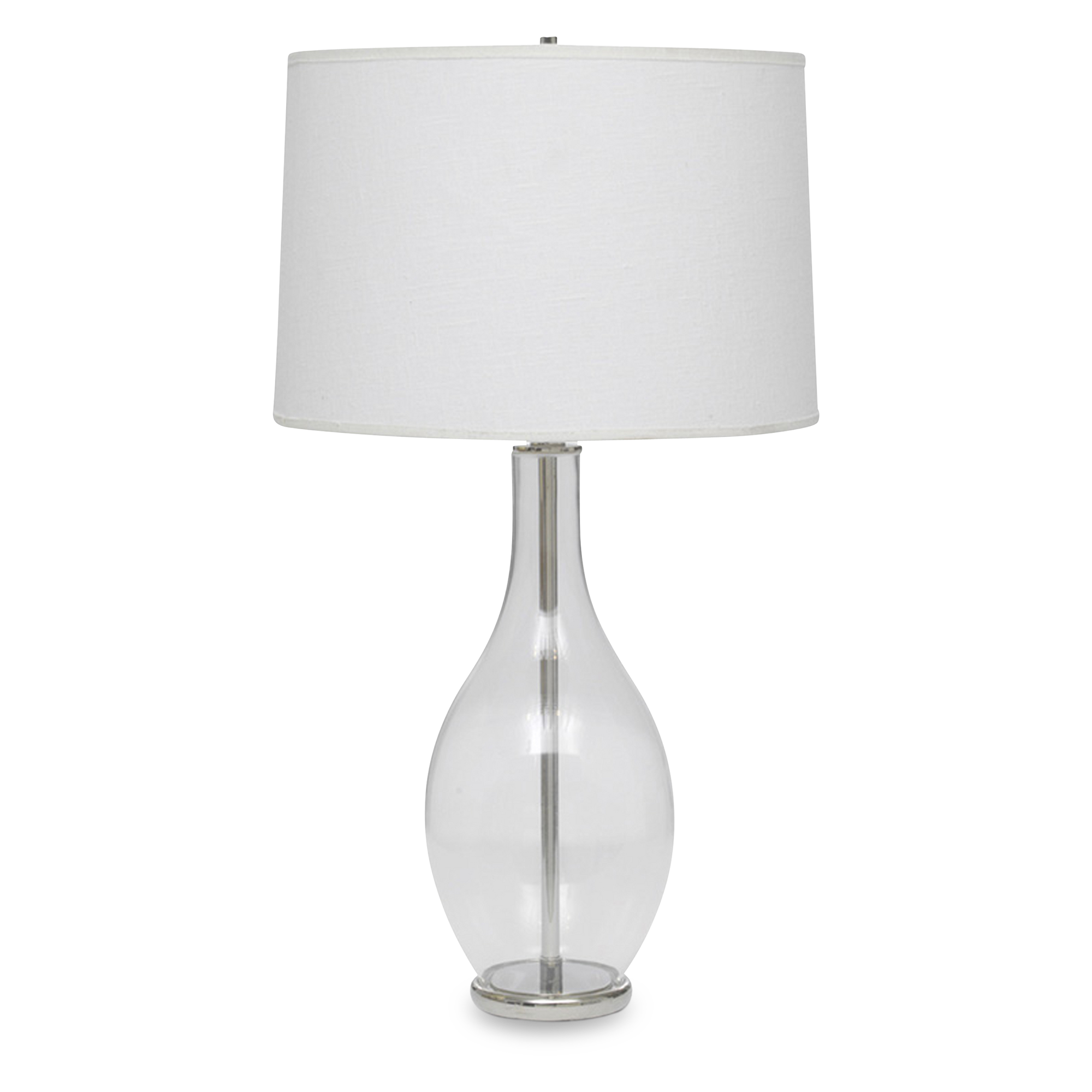 With a teardrop-shaped clear glass base, polished nickel accents, and a richly textured white linen drum shade, the Sela Table Lamp will make a chic statement in any space.