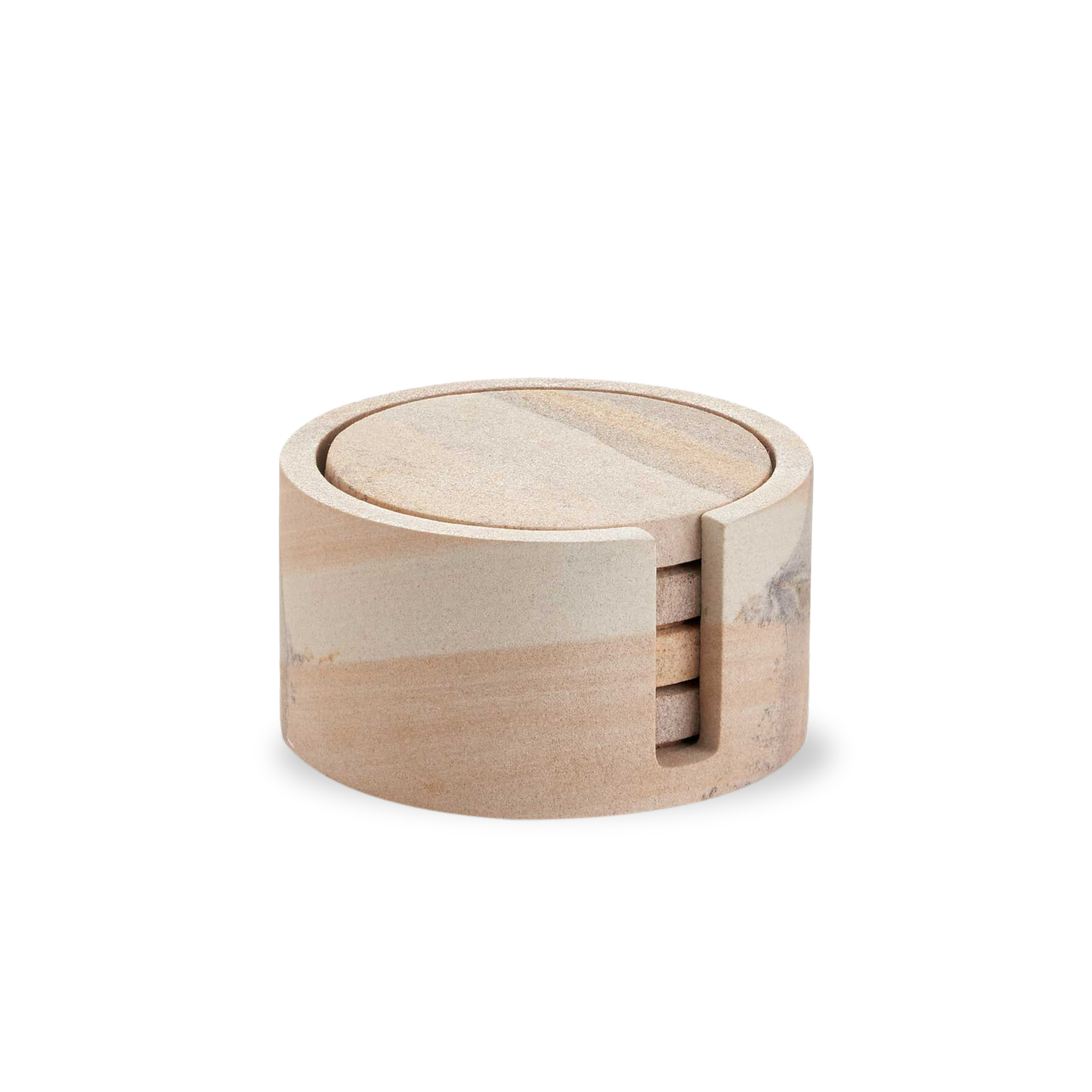 Made with Sandstone and a natural cork bottom to protect from surface abrasions, these coasters are elegantly paired with a round vessel for elegant storage.
