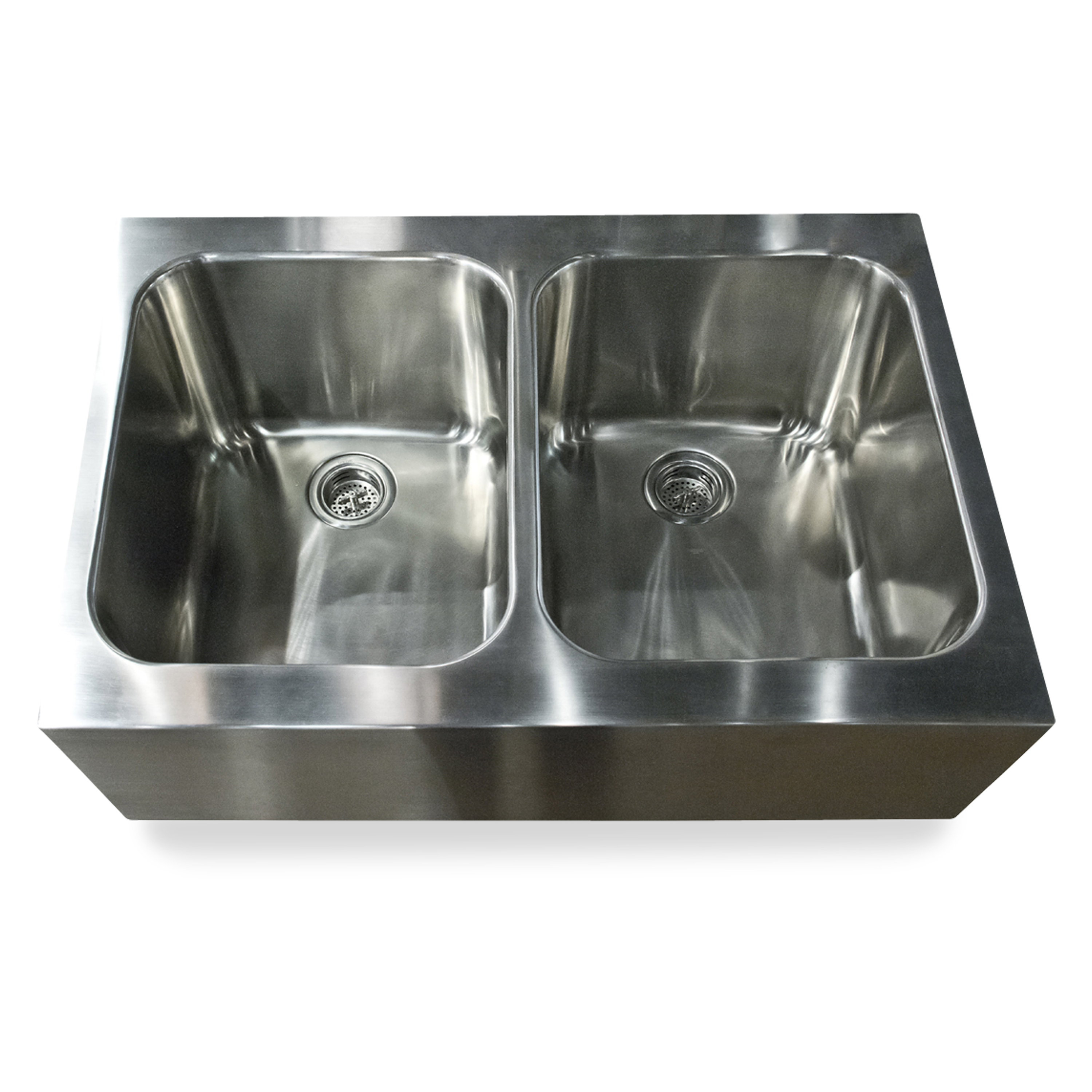 The Farmer Sink with two basins is a 36" x 25", stainless steel sink.