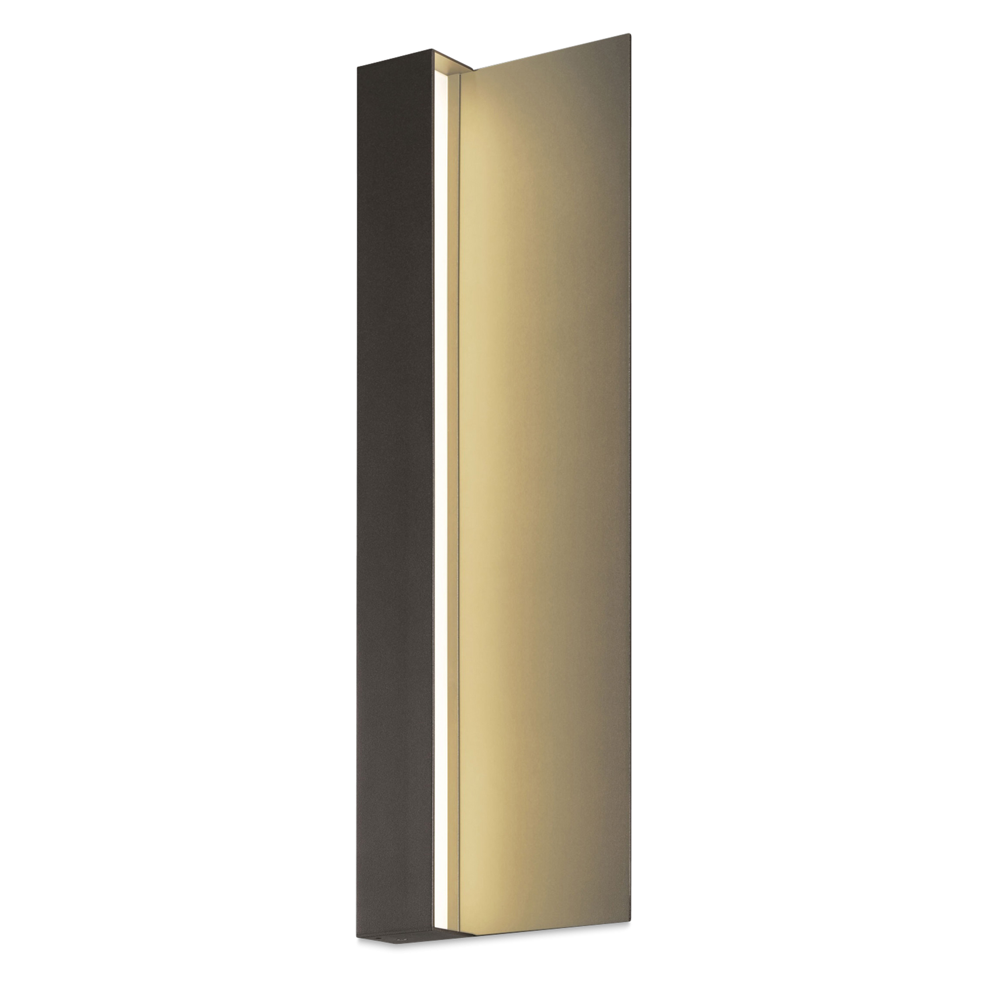 A wash of radiant LED illumination is directed to one side of this architectural linear form, revealing the texture of its bronze panel and the surface beyond.