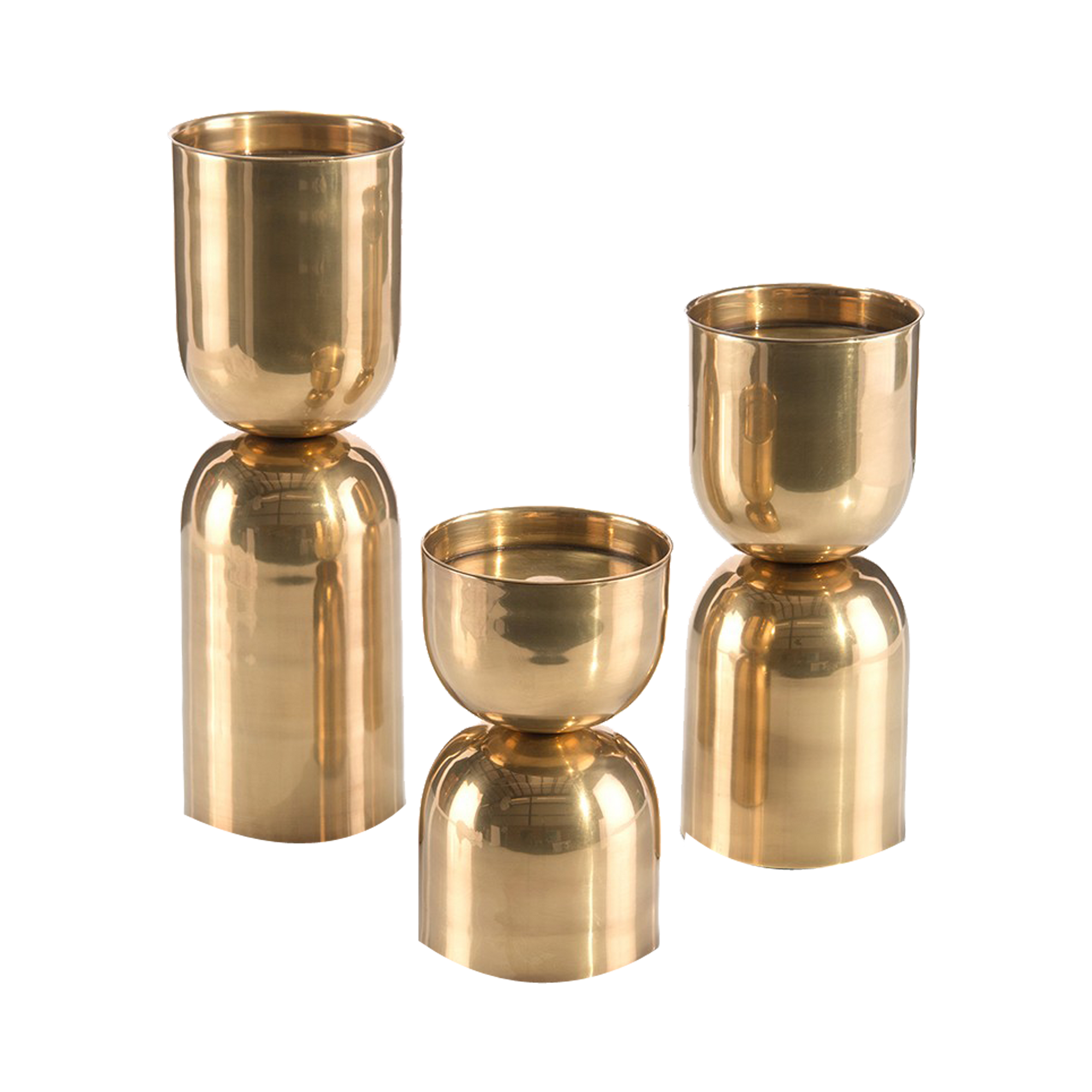 A tapered set of three hourglass candleholders in antique brass.