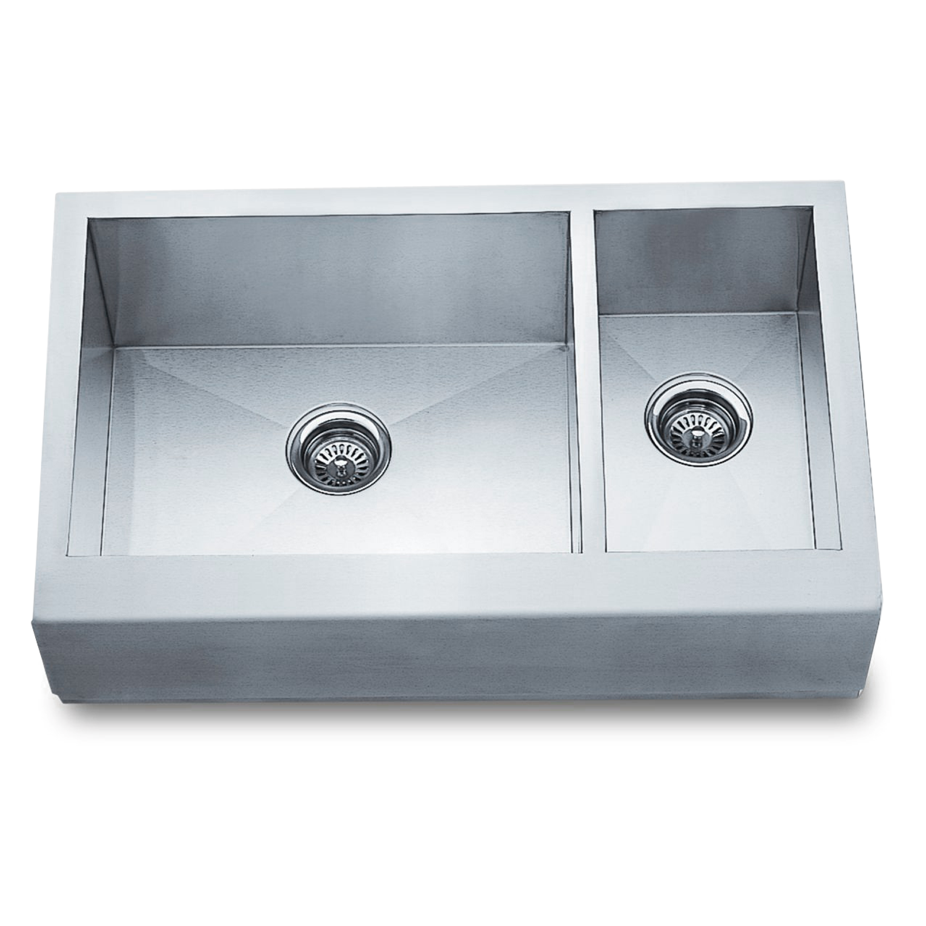 A seamless, contemporary, stainless steel double kitchen sink for under mount application.