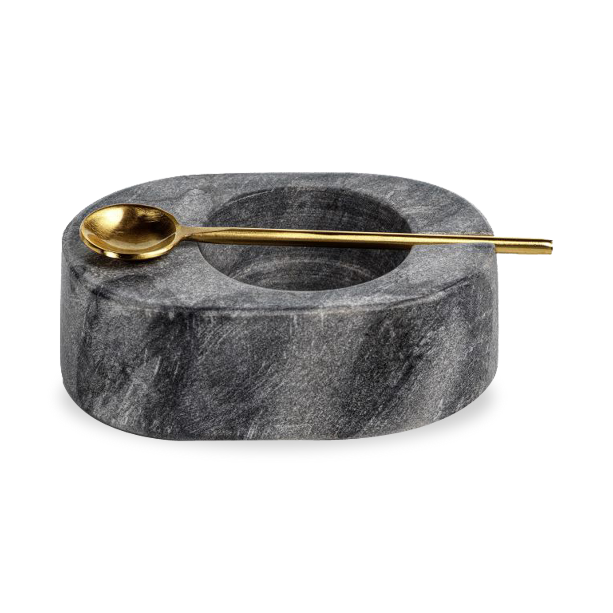 Salt cellar made of grey marble with a gold coloured spoon.