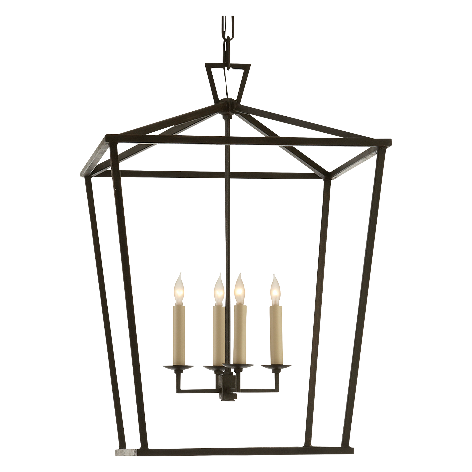 A modern lantern pendant featuring an open metalwork frame in an aged iron finish.