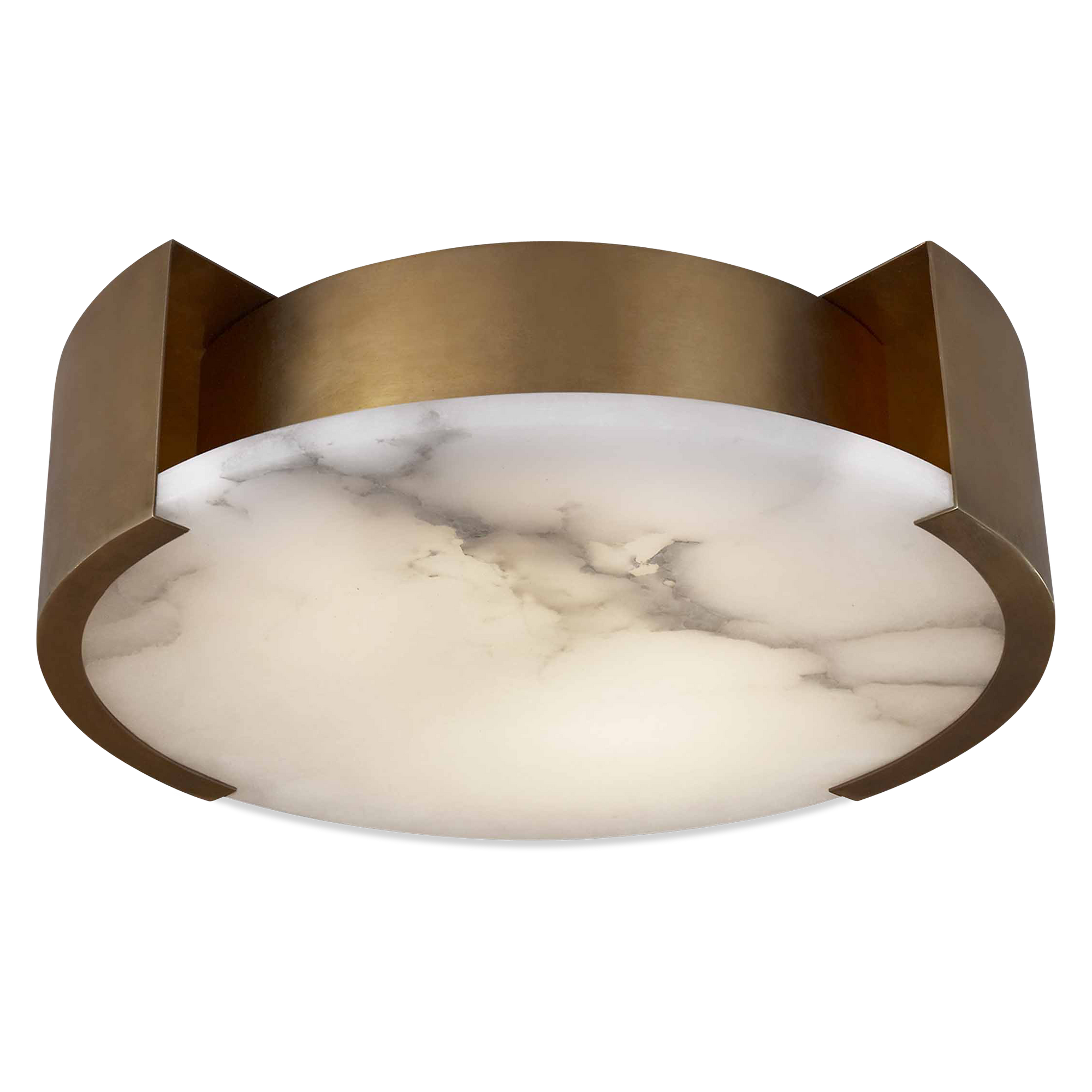 This dreamy celestial flush mount fixture is made of a circular gold-coloured alabaster front and curved brass detail.