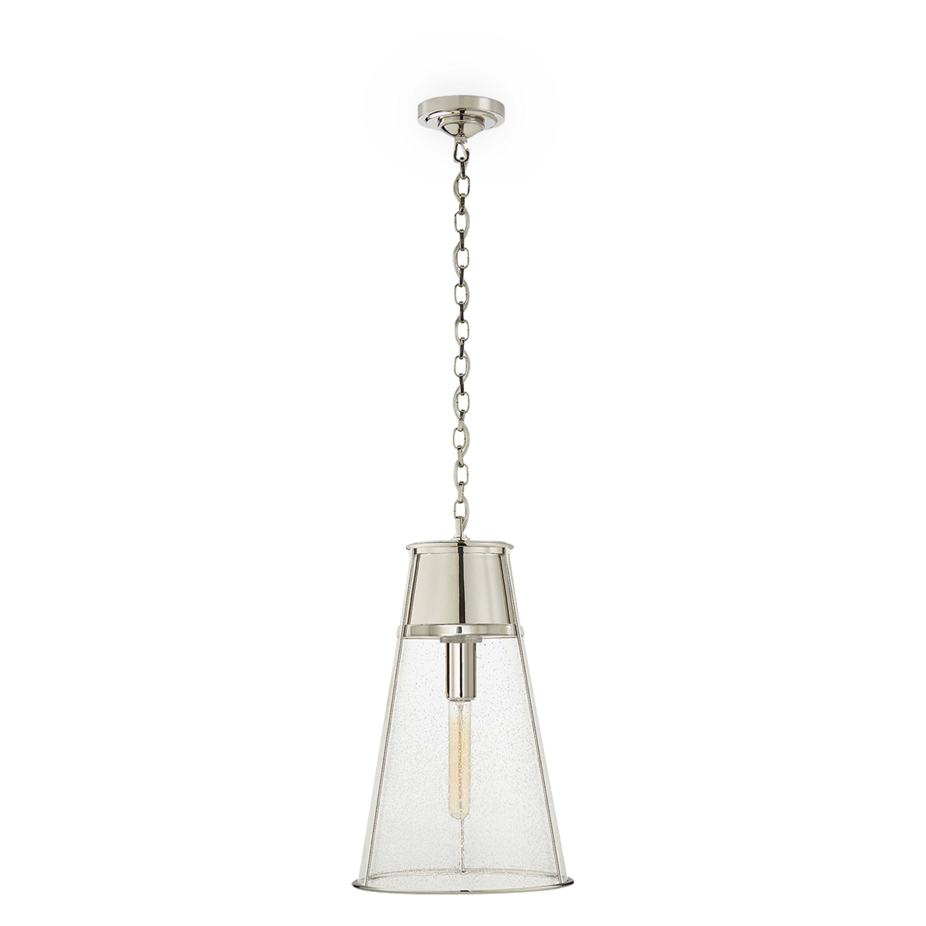 A seeded clear glass shade suspended from polished nickel forms this sleek and modern pendant.