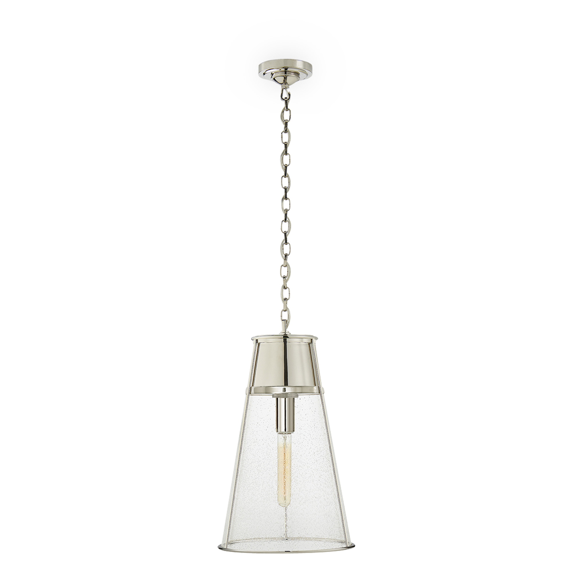 A seeded clear glass shade suspended from polished nickel forms this sleek and modern pendant.