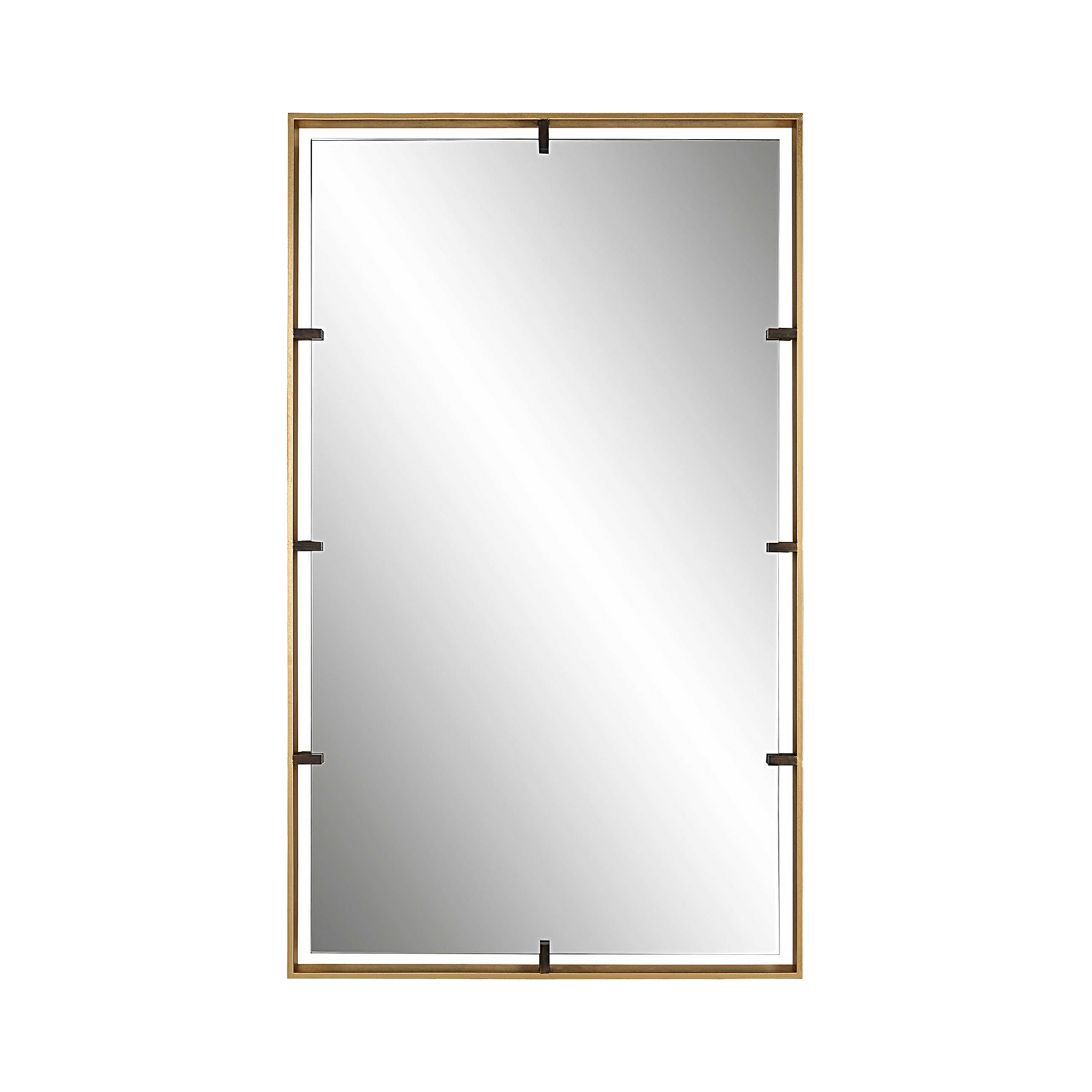 This mirror displays a 3-dimensional design with an outer iron frame finished in warm gold, surrounding a floating mirror held by aged bronze clips.
