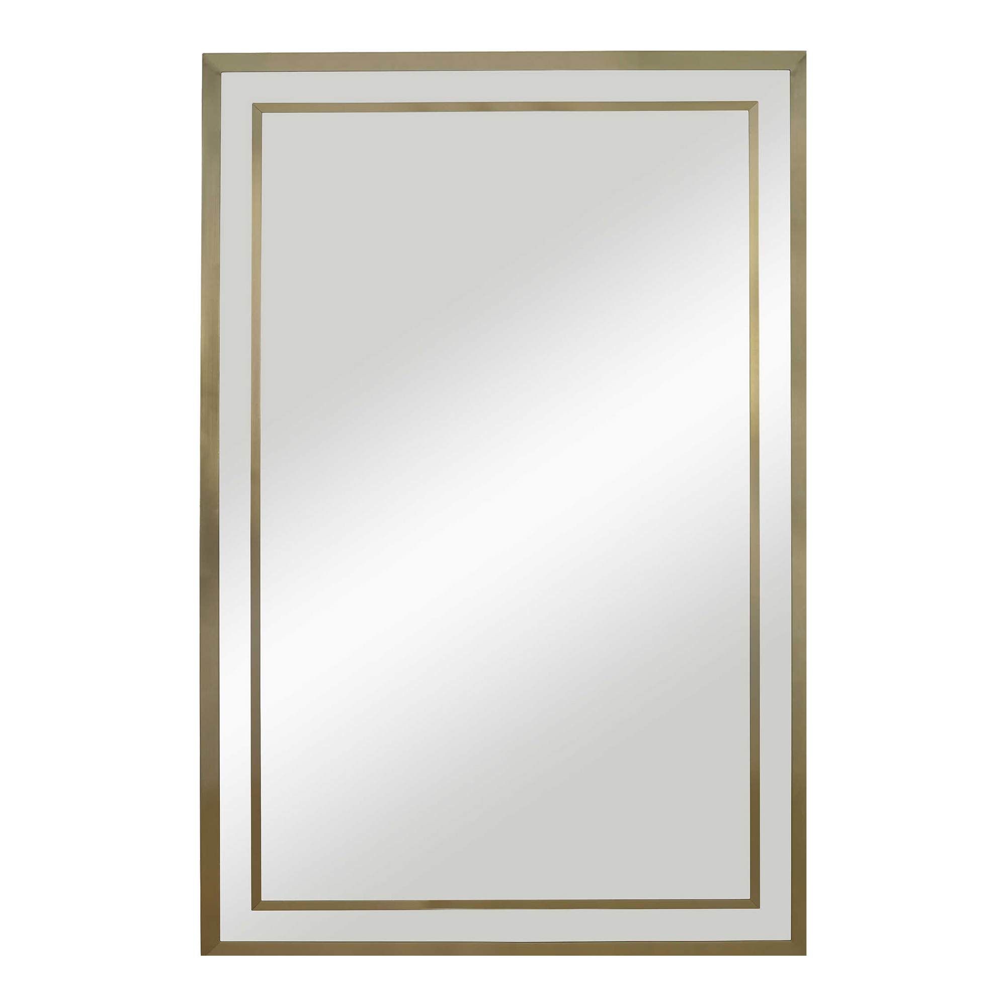 Clean and sophisticated, this mirror is constructed with a stainless steel frame finished in light brushed brass with a matching inner frame.