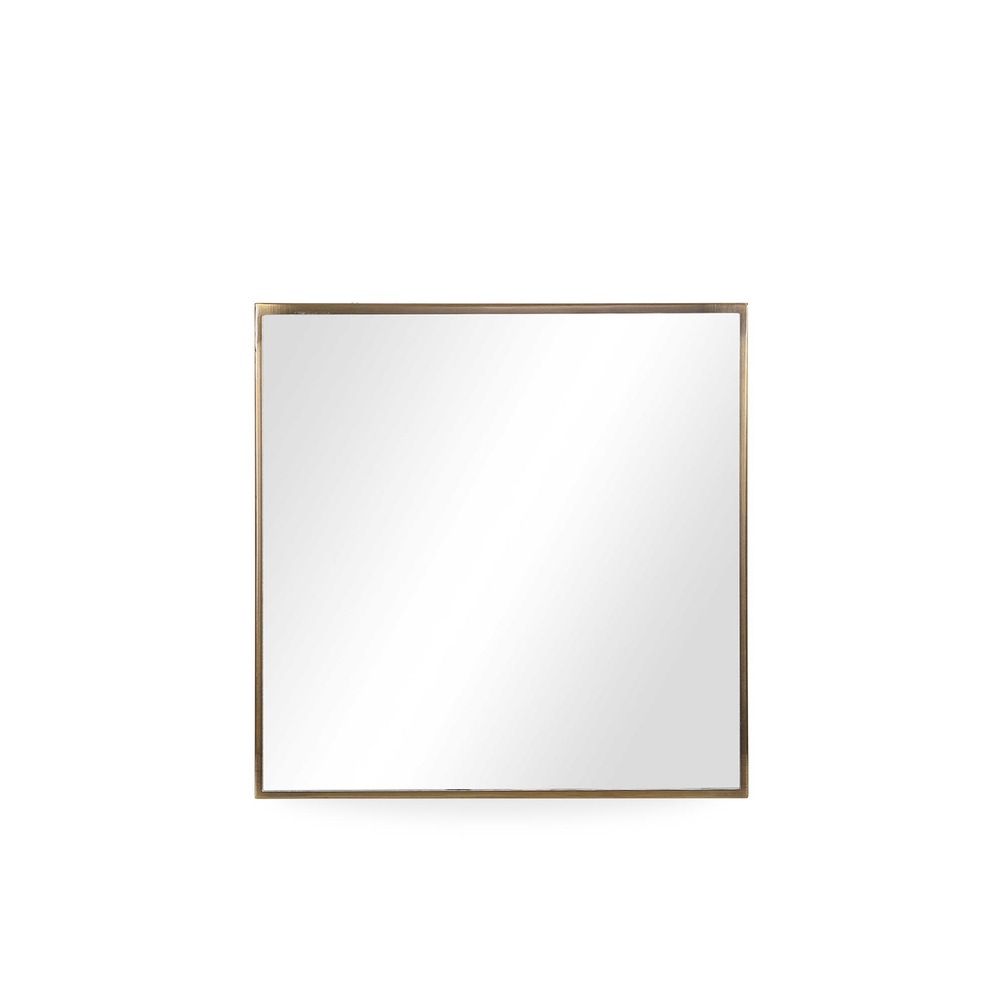 The Shadowbox Square Wall Mirror showcases a clean modern look and a deep profile iron frame with an antique brushed brass finish.