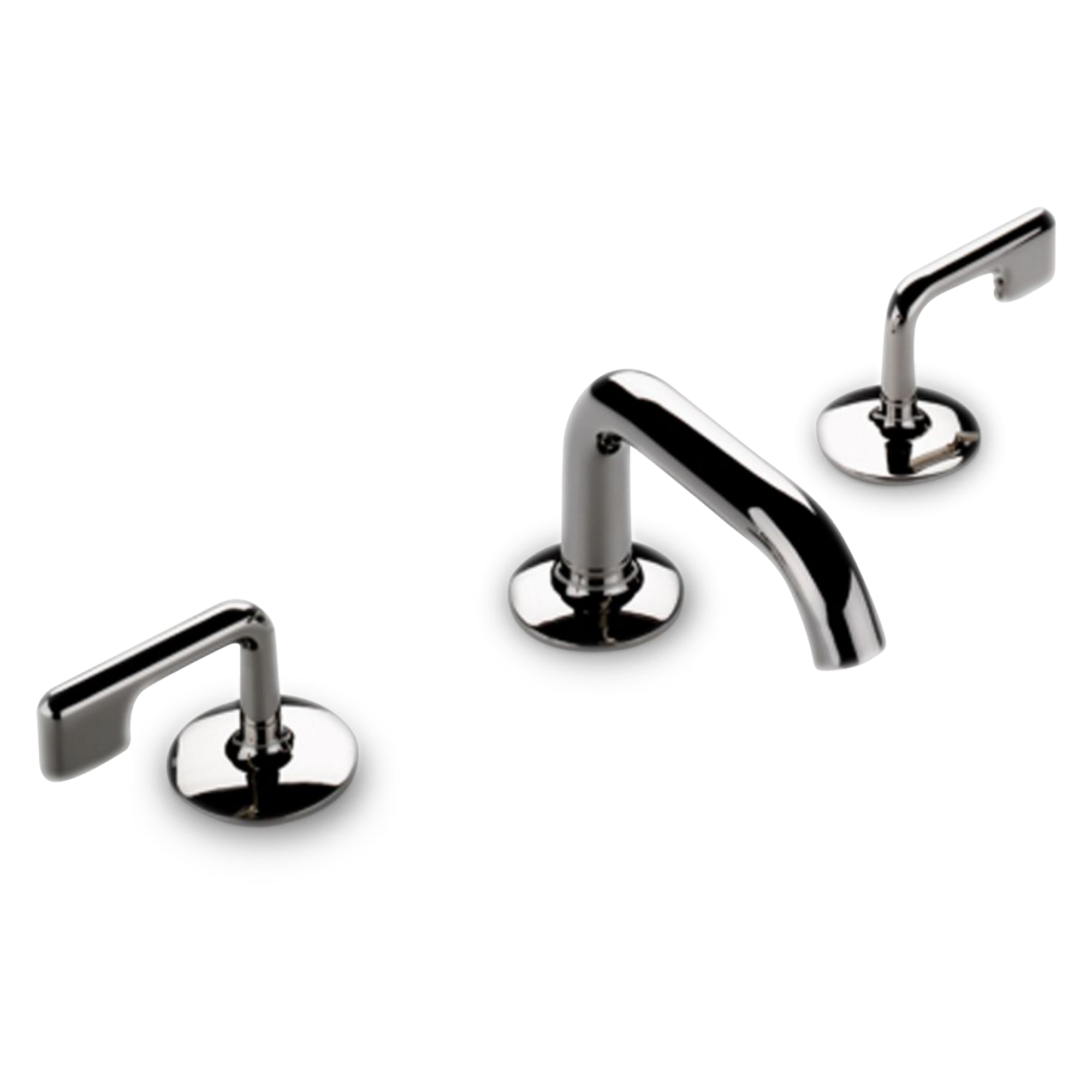 A sleek and contemporary widespread faucet with two L-shaped lever handles.
