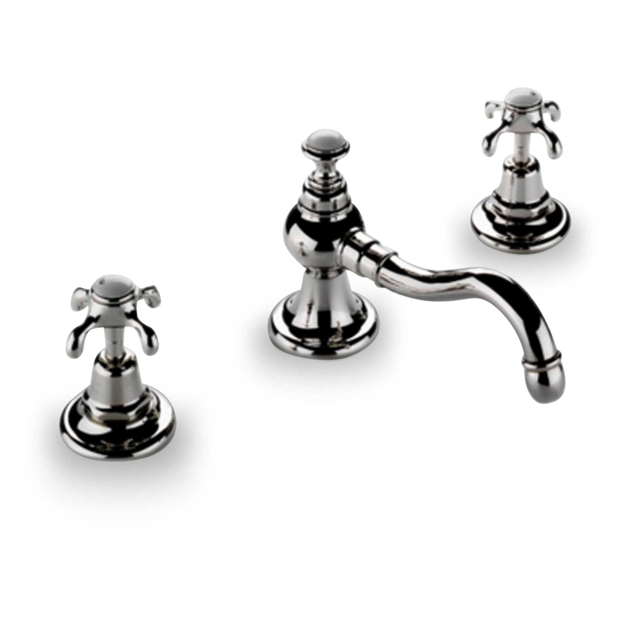 A traditional widespread faucet with dew-drop cross handles.