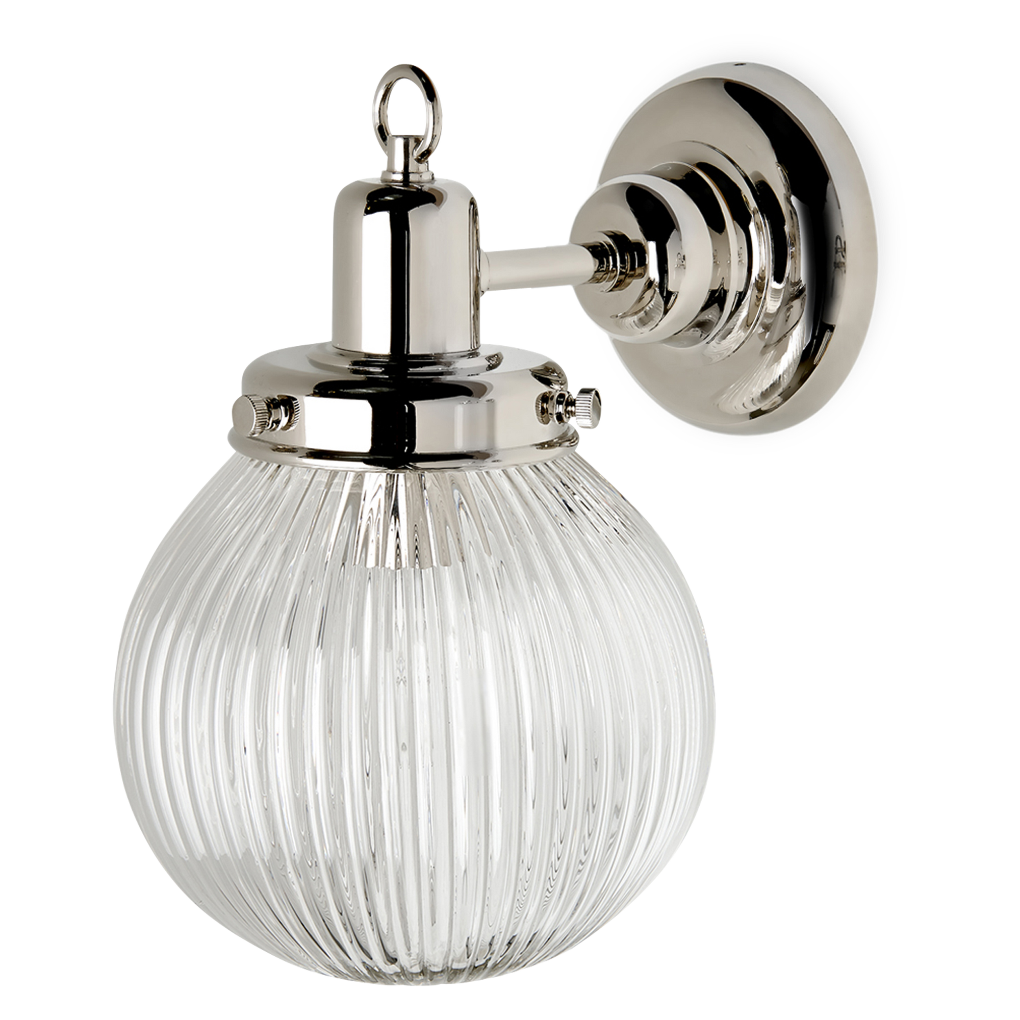 The large, fluted glass shade of Aurora is an update of early 20th Century prismatic lighting.