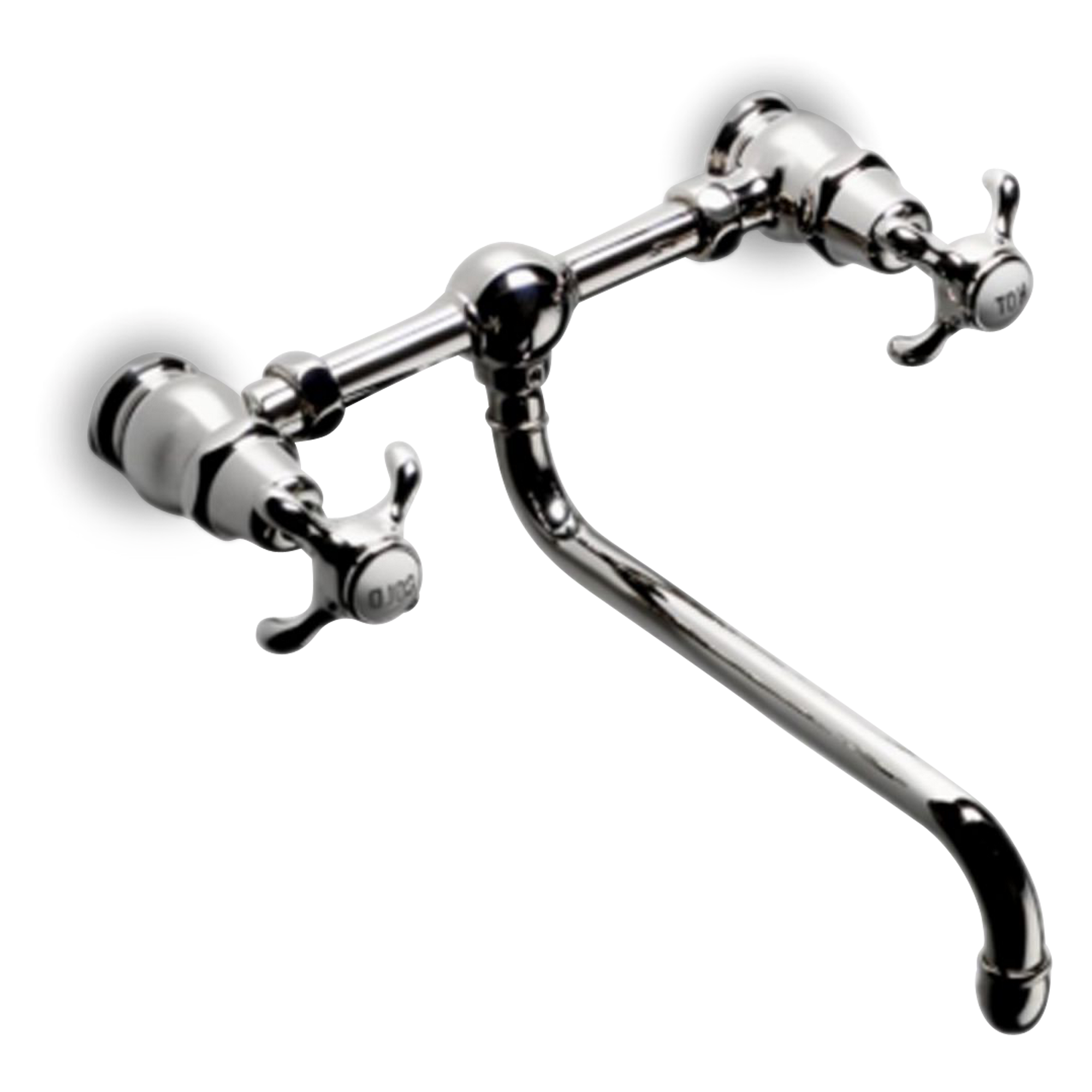 A traditional wall-mount faucet with dew-drop cross handles.