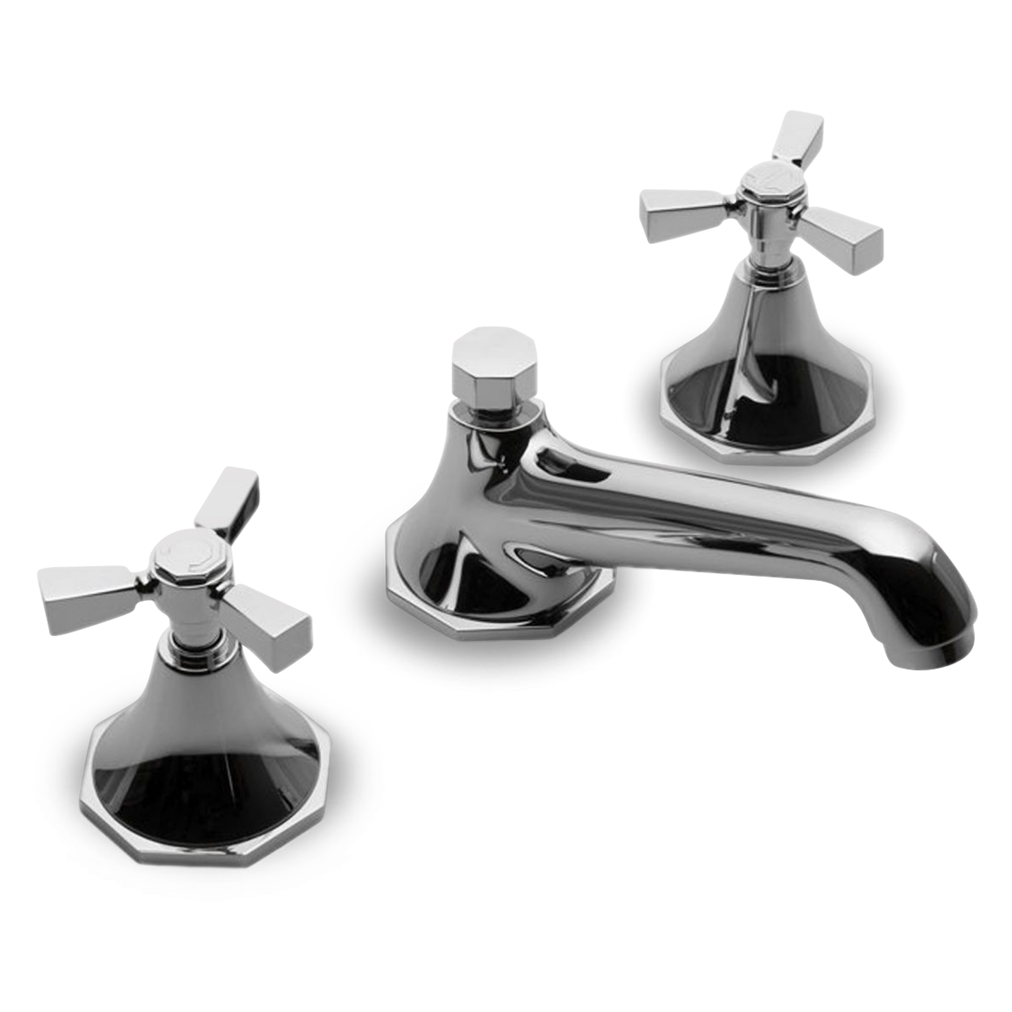 A traditional widespread faucet with tri-spoke handles.