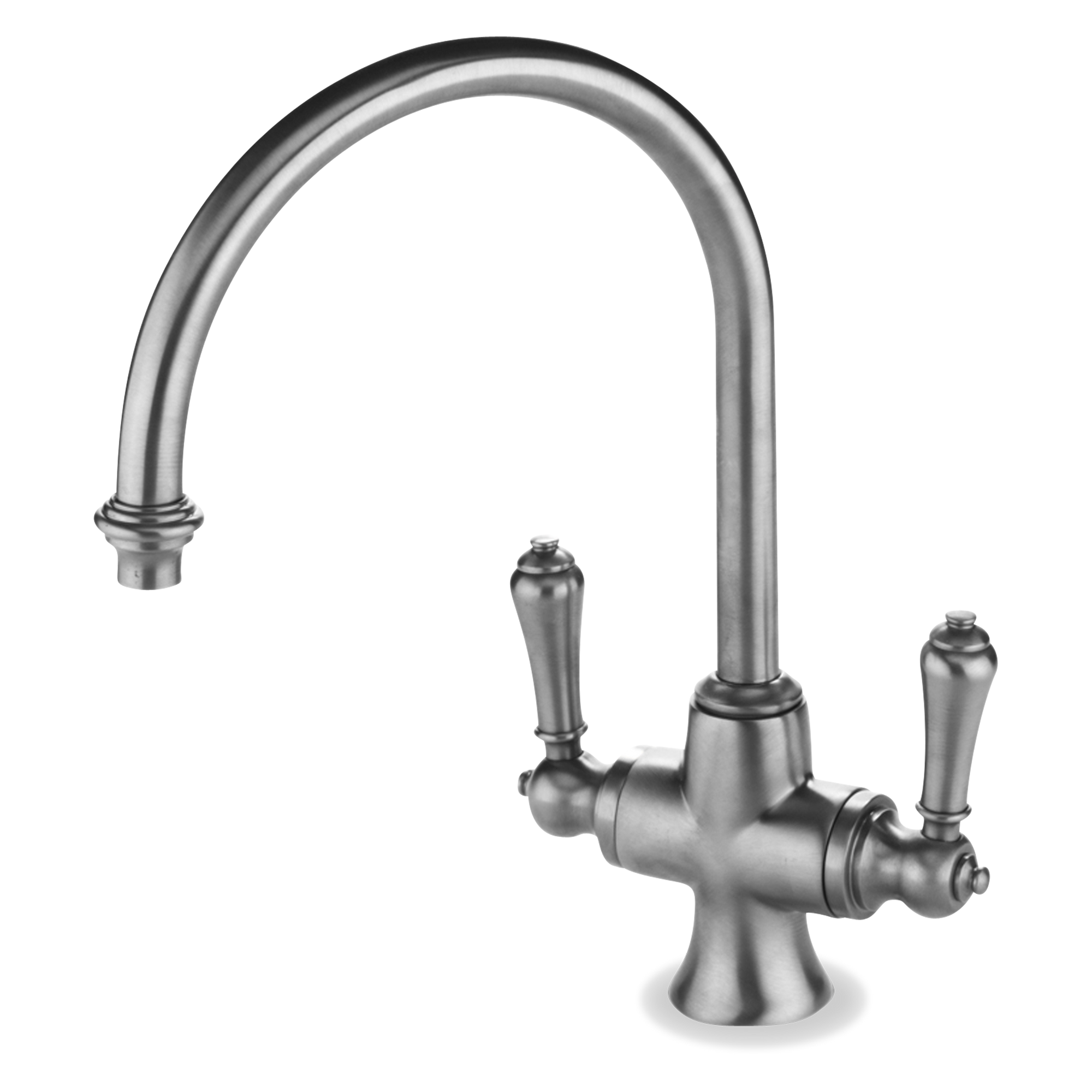 The Calais faucet is an elegant, classic kitchen faucet with a gooseneck spout, hot and cold handles, and an antique copper finish.