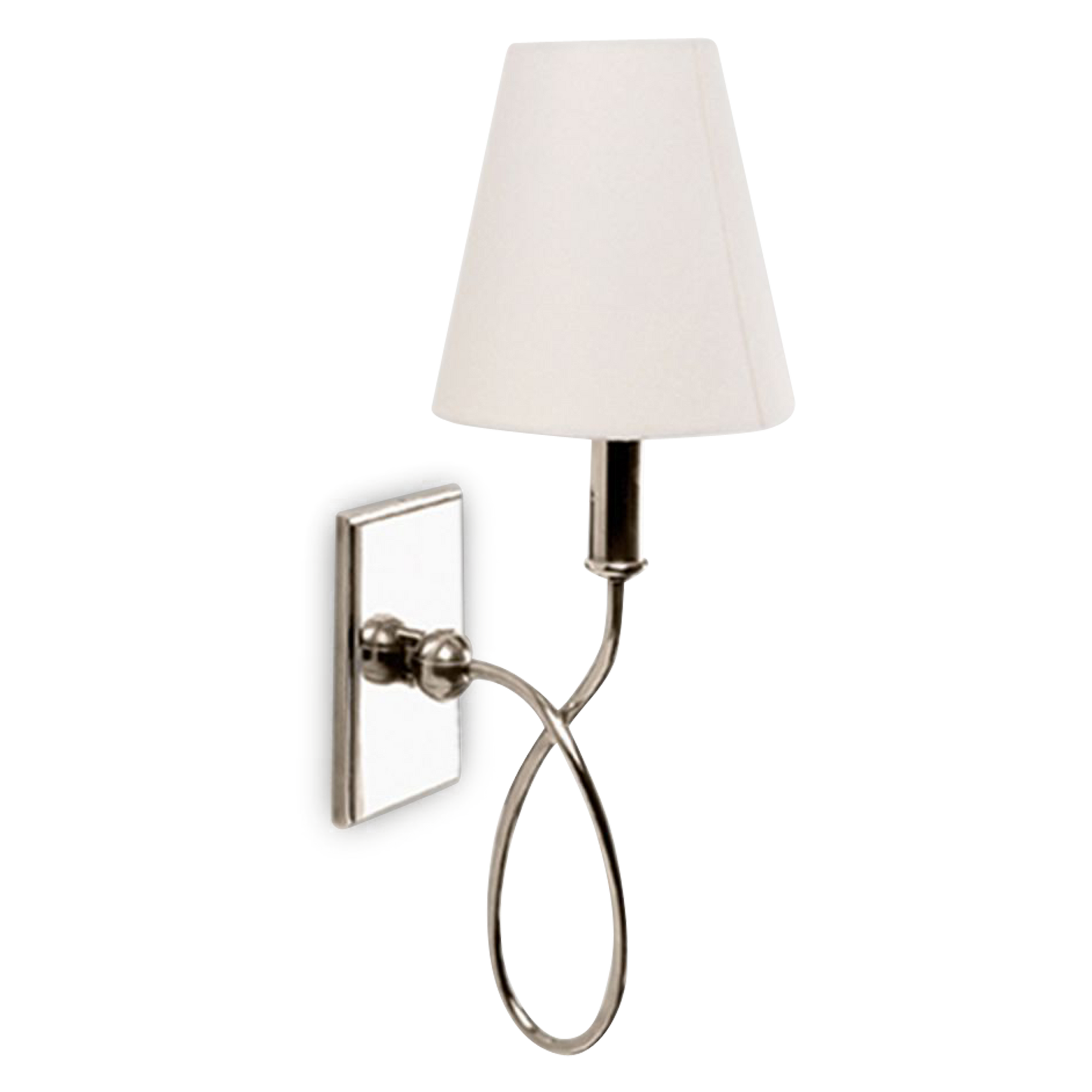 A transitional polished nickel sconce with a looped arm and a white fabric shade.