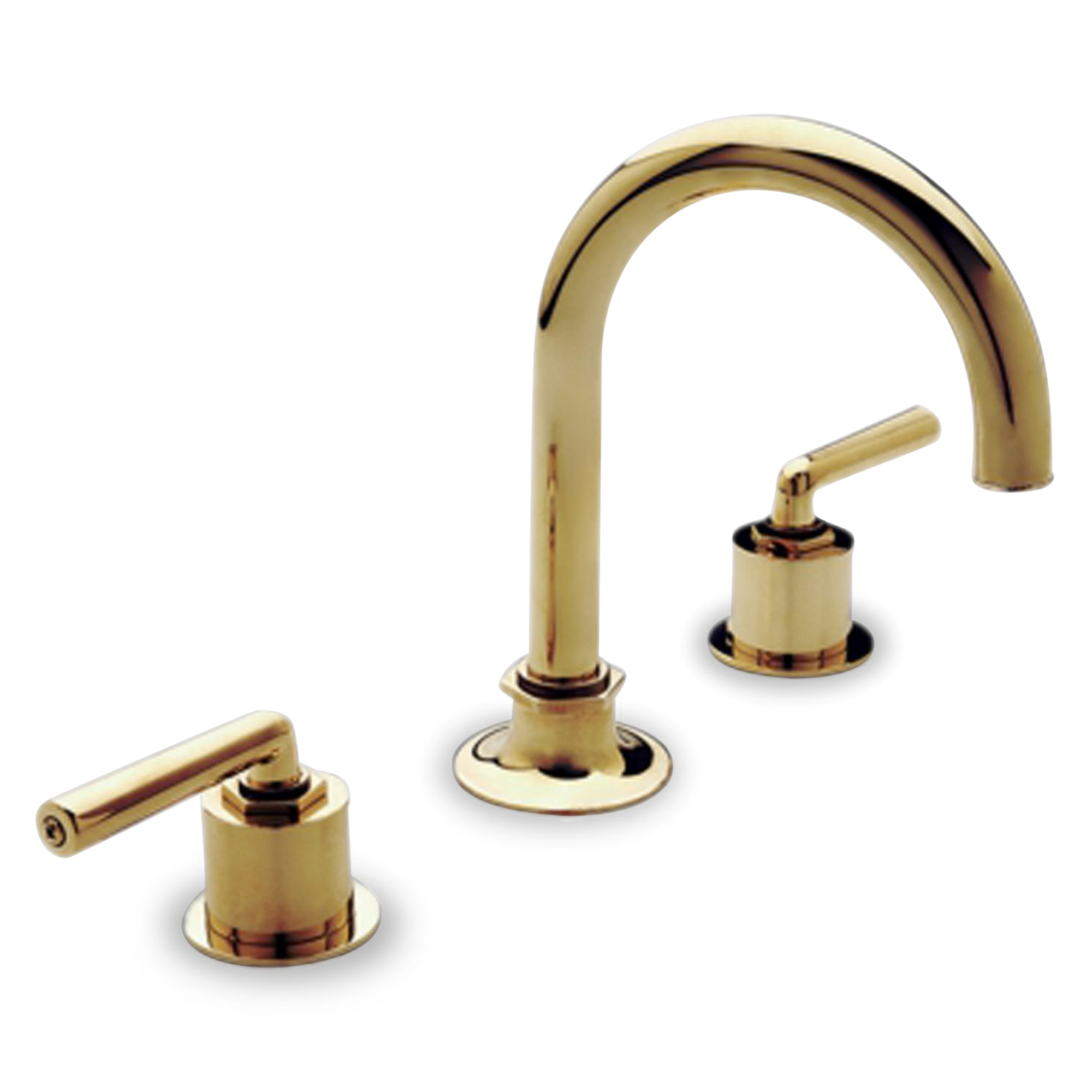 A transitional faucet with lever handles and gooseneck spout.