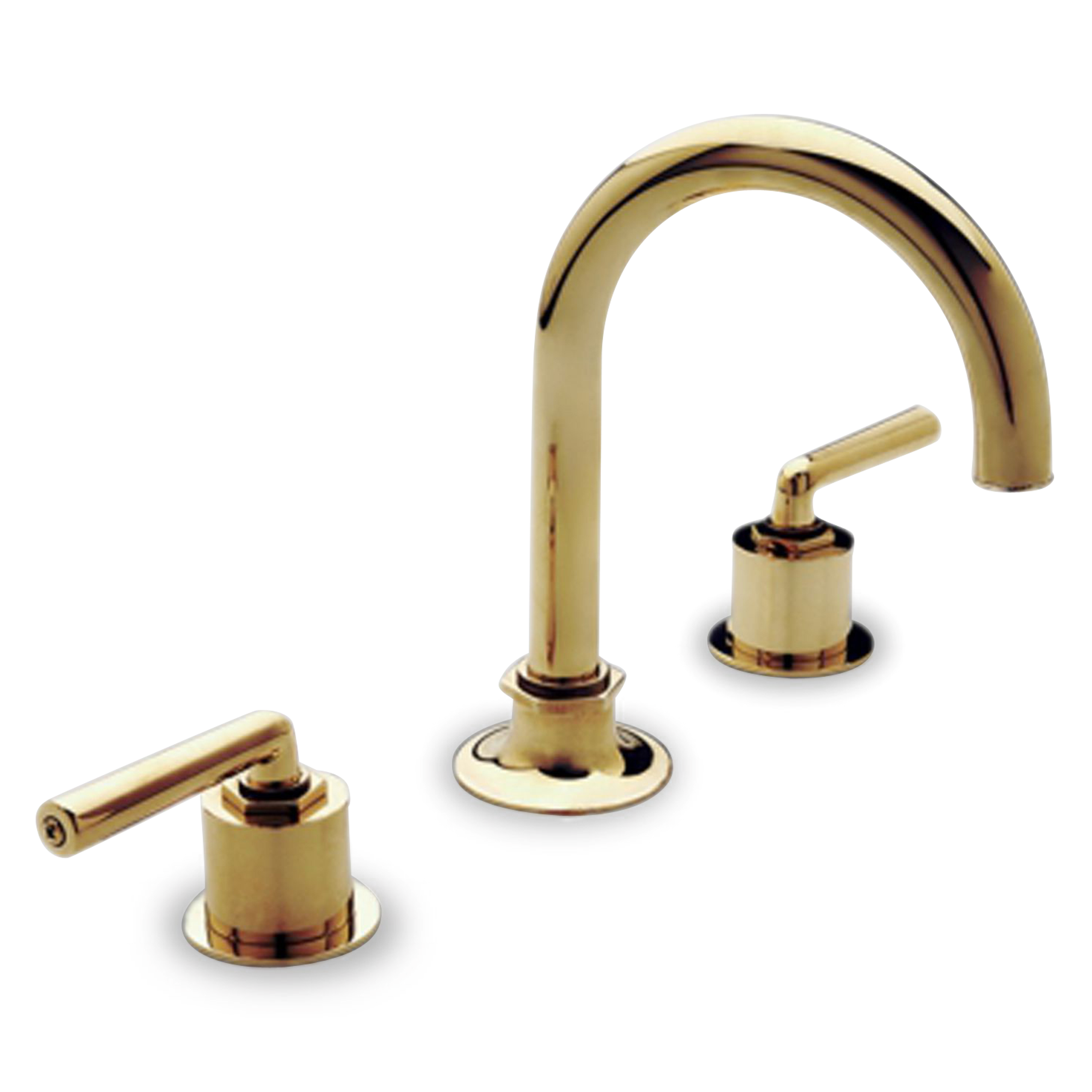 A transitional faucet with lever handles and gooseneck spout.