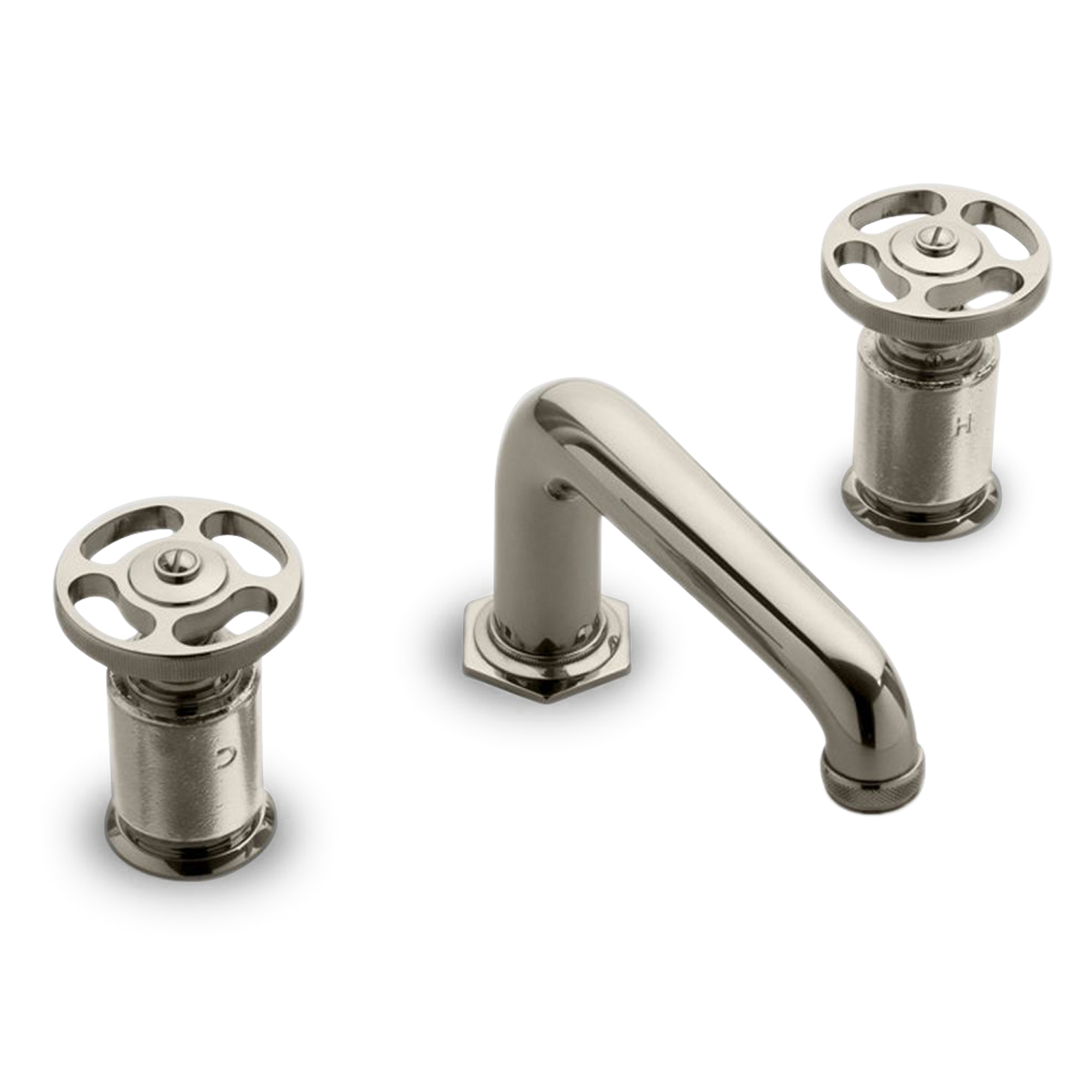 An industrial-inspired widespread faucet with wheel handles.
