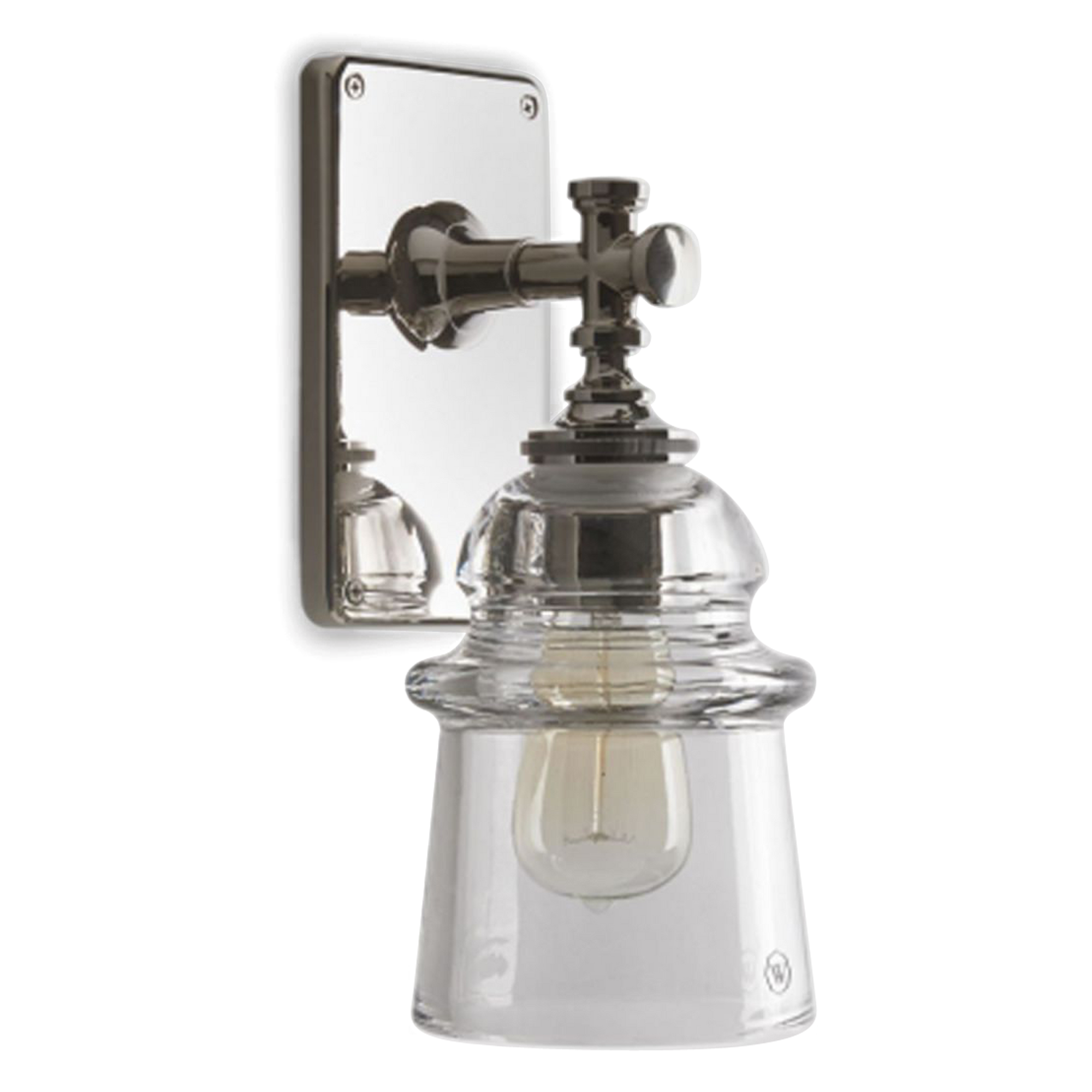 An industrial nickel sconce with a clear glass shade.