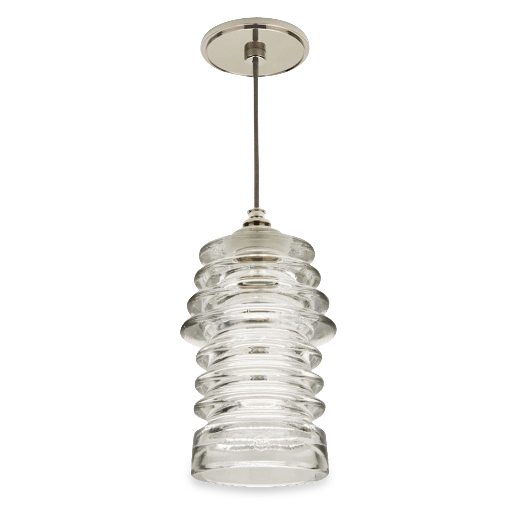 Inspired by the countless shapes and colours of telephone pole insulator covers, the Watt pendant features a molded clear glass shade and is an original interpretation of a vintage