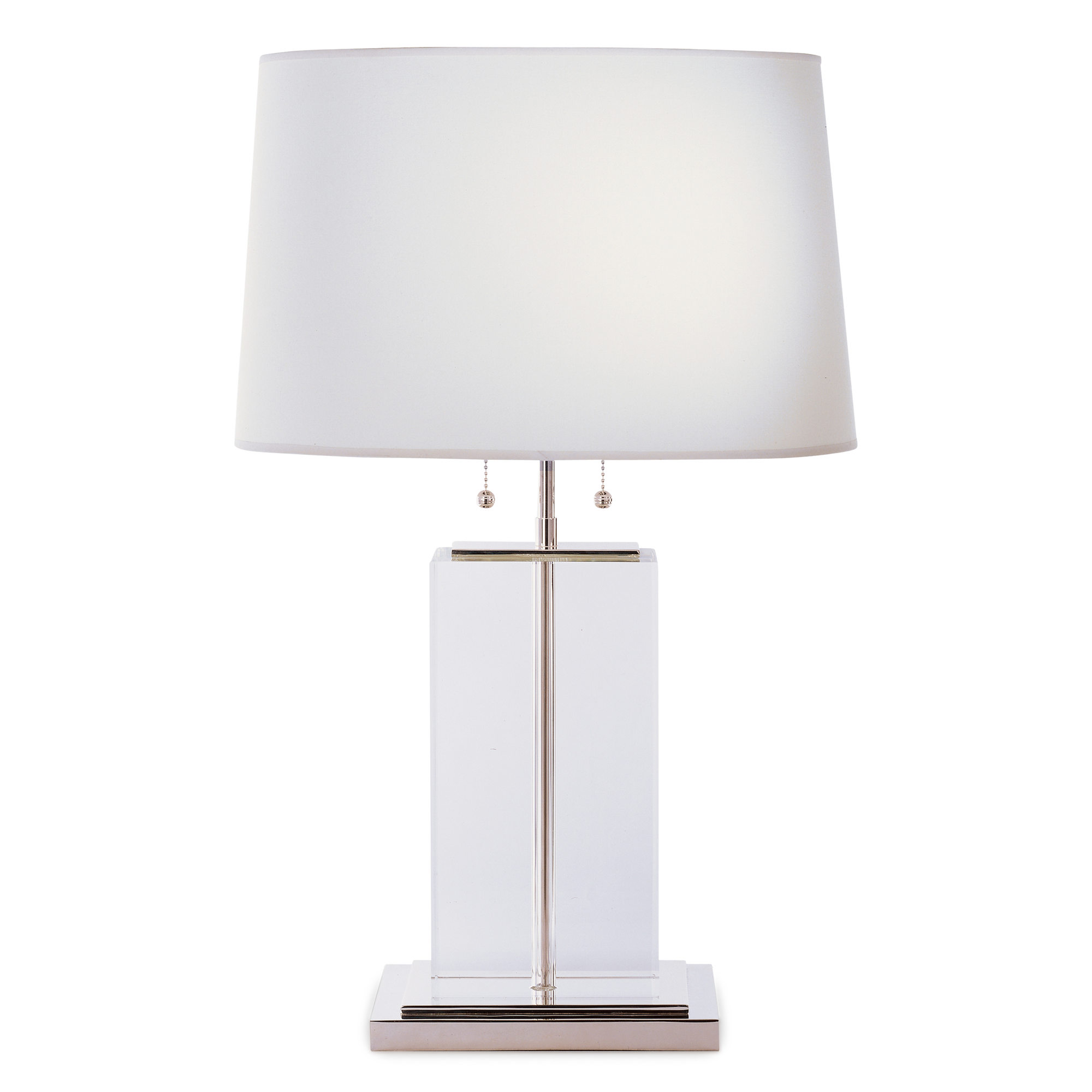 Crystal table lamp with polished silver accents and an oval cotton shade.