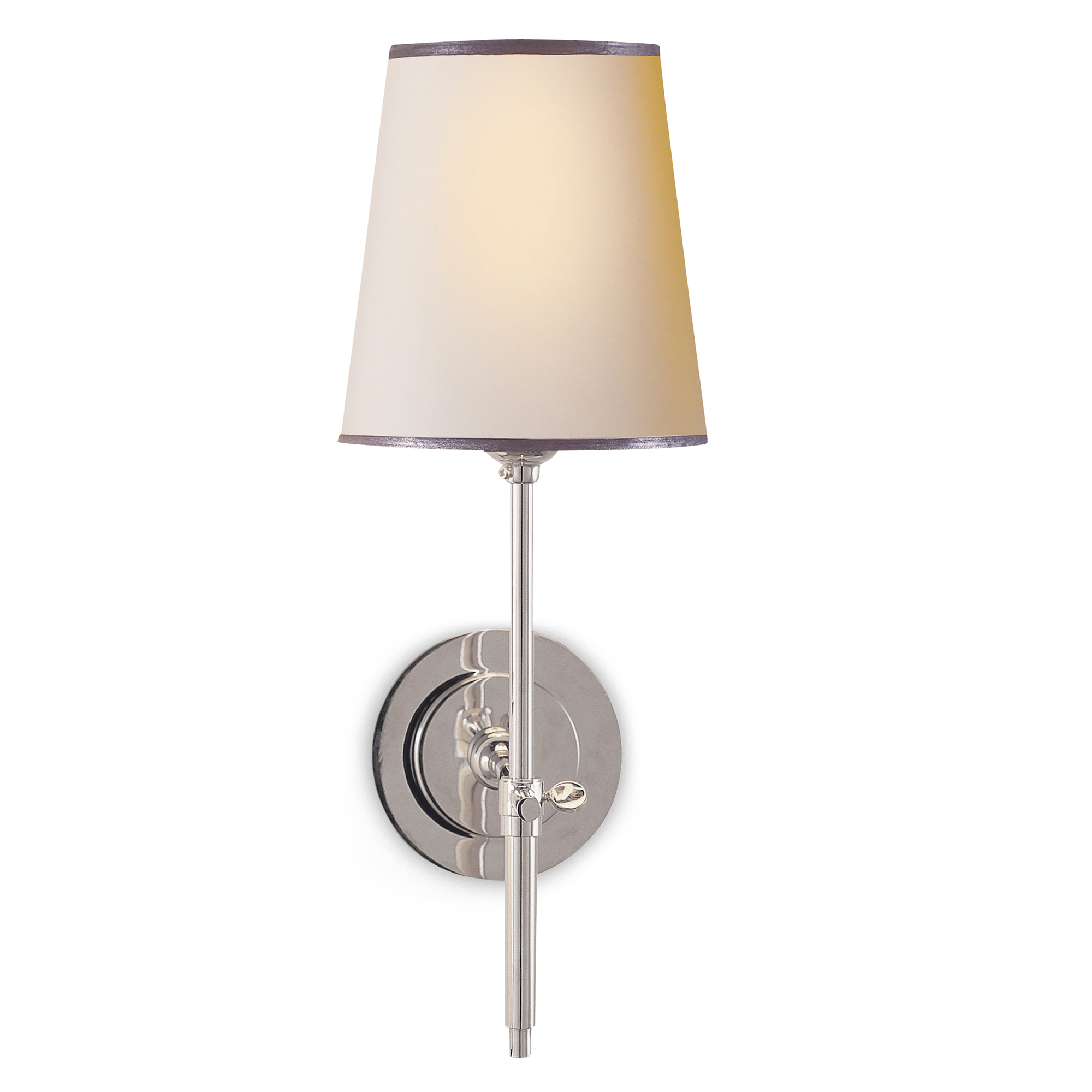 Polished nickel sconce with a natural paper shade trimmed in silver tape.