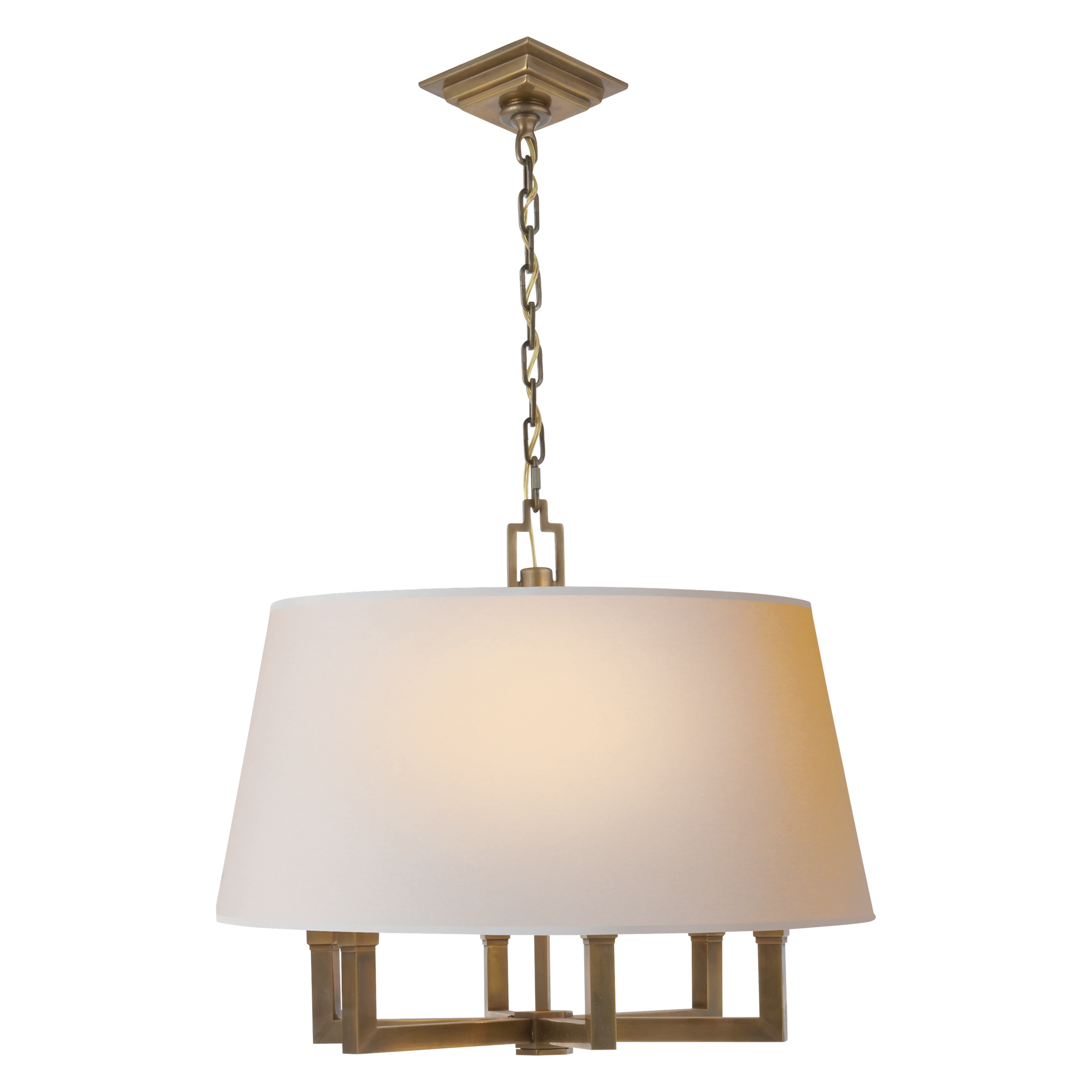 Hand-rubbed antique brass fixture with a natural paper shade.