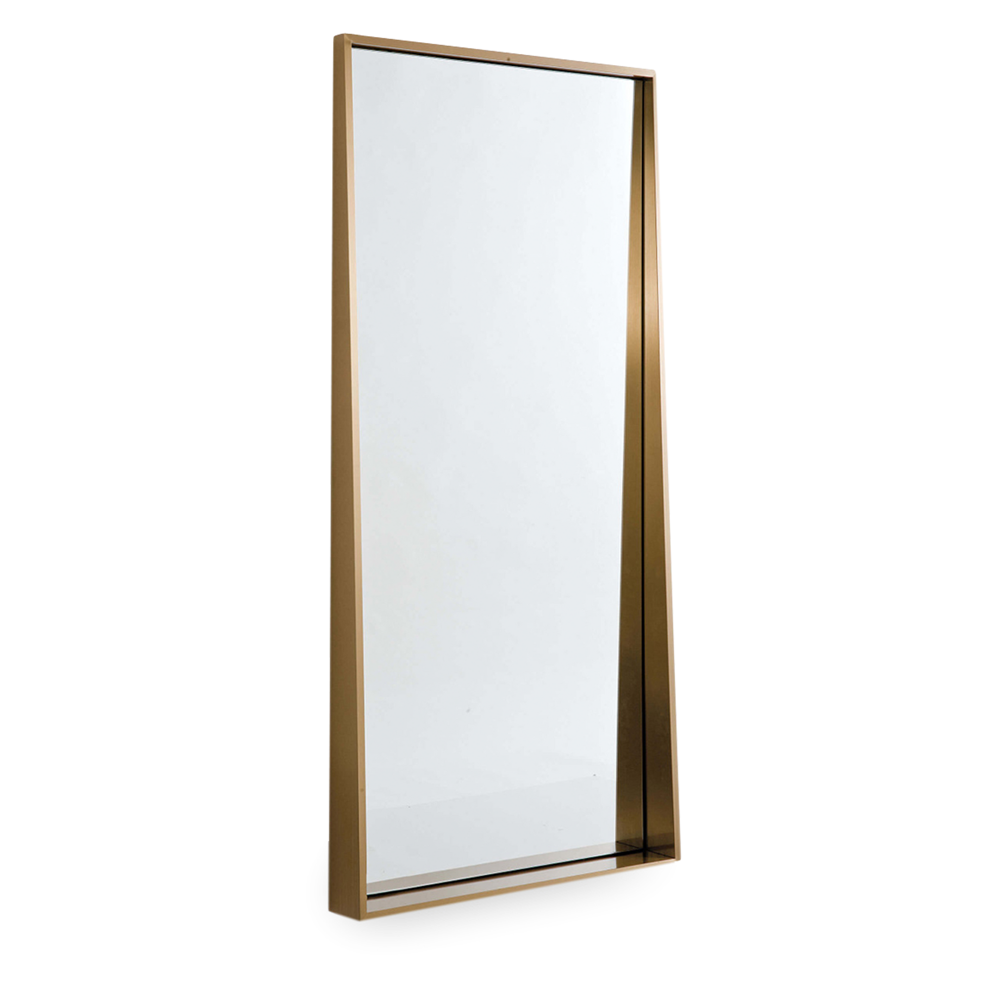 The Fader wall mirror features a sleek, contemporary design with a sloped shape in a sophisticated brass finish.