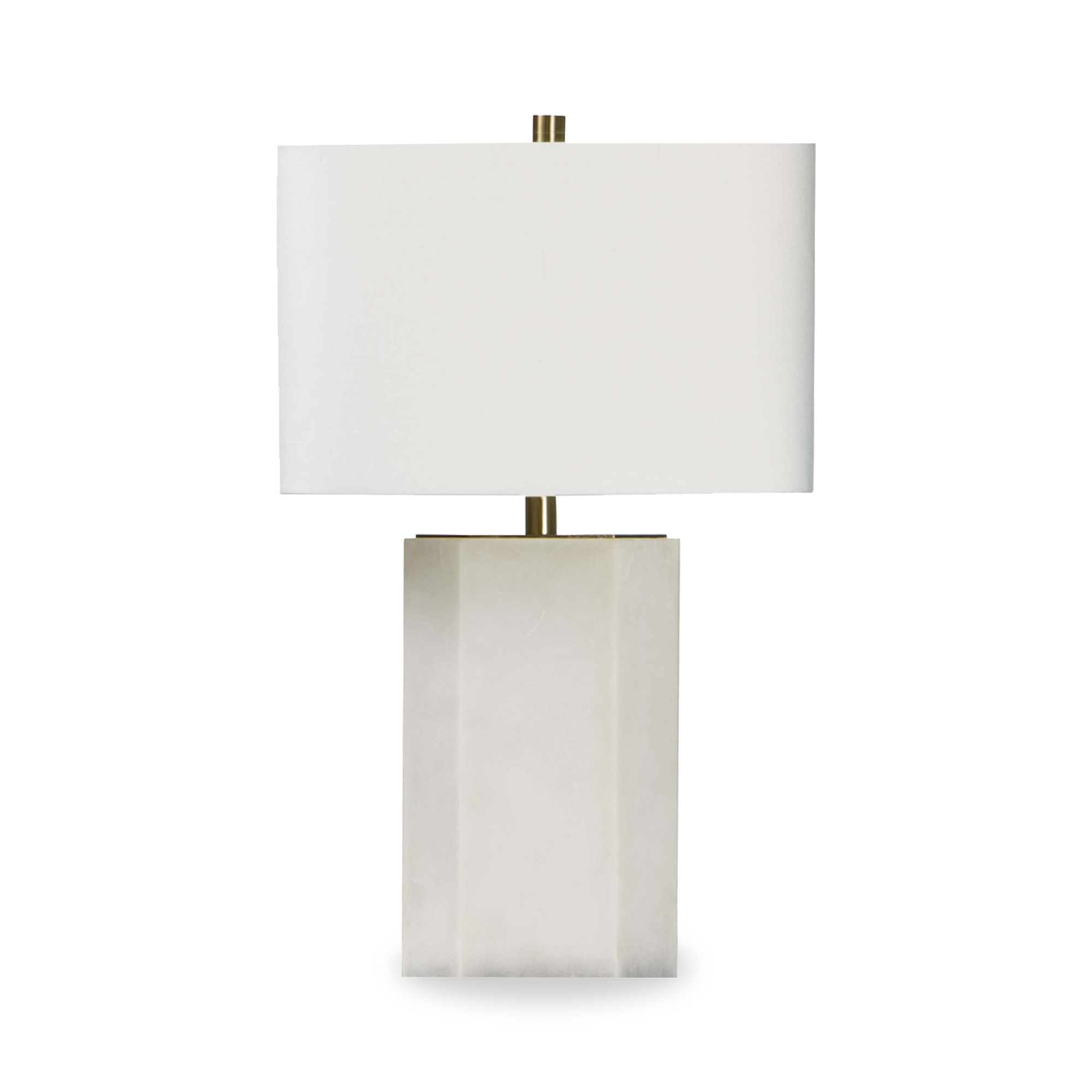 Clean lines and elemental materials lend an iconic quality to the Alabaster Block table lamp.