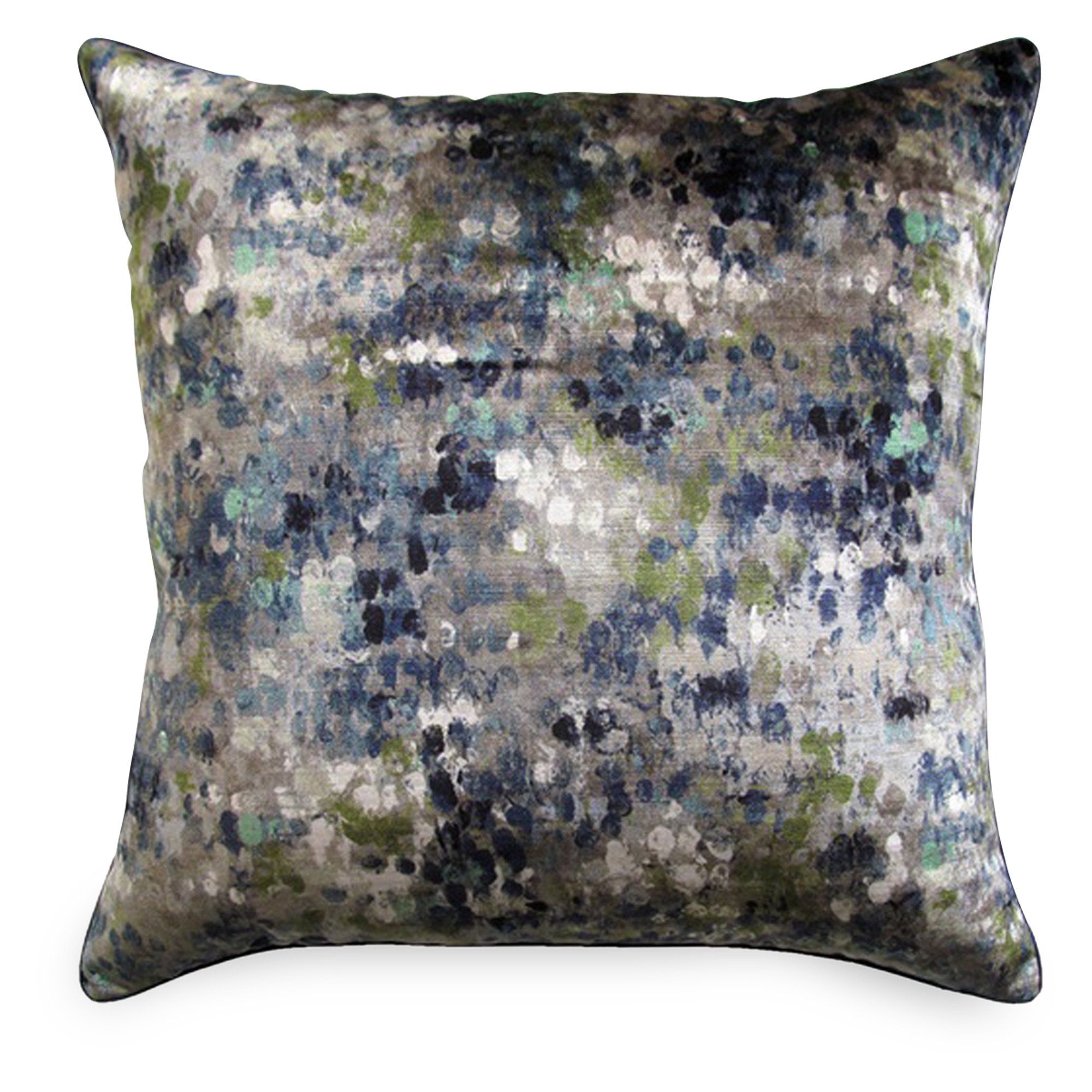 This Drop Cloth Pillow features an abstract brushstroke pattern in shades of grey and yellow velvet.