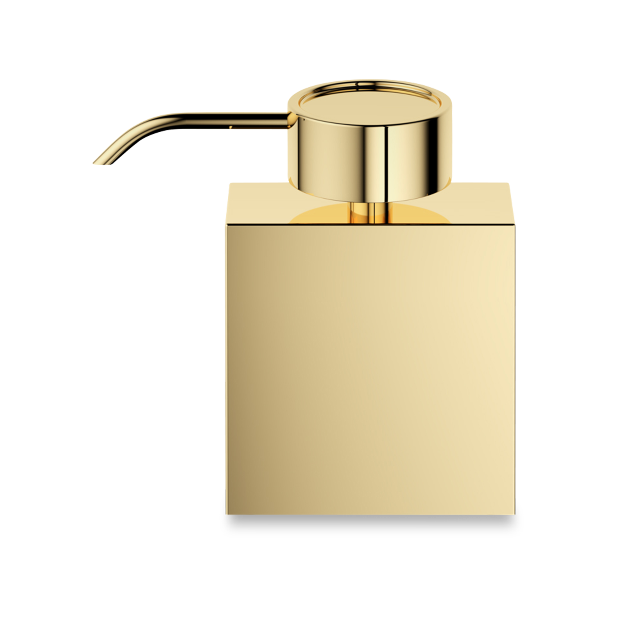 A modern and stylish soap dispenser featured in an elegant gold finish.